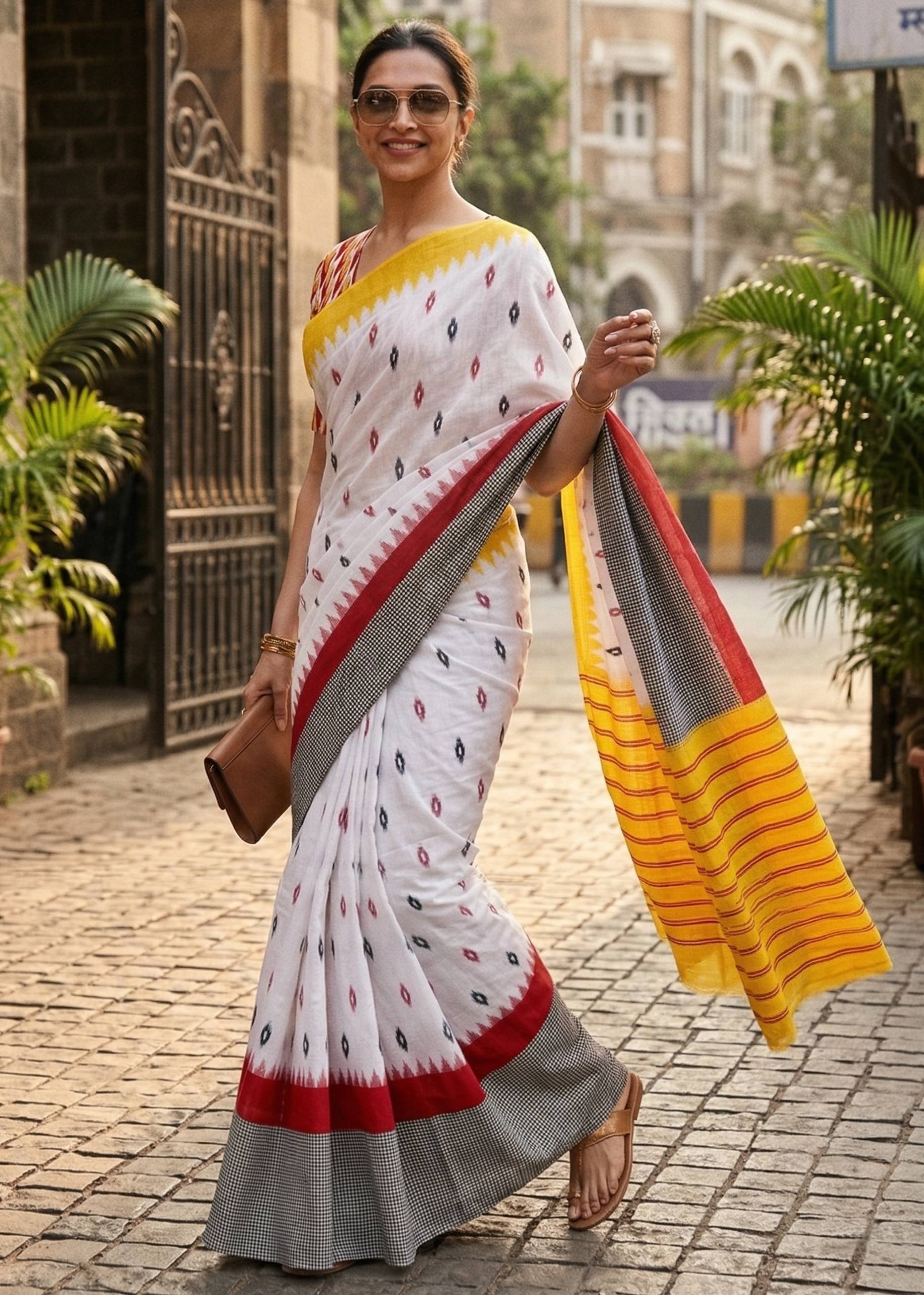 PURE SOFT MULMUL COTTON HAND BLOCK IKKAT PRINT YELLOW SAREE WITH BLOUSE