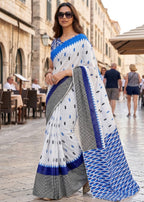 PURE SOFT MULMUL COTTON HAND BLOCK IKKAT PRINT BLUE SAREE WITH BLOUSE