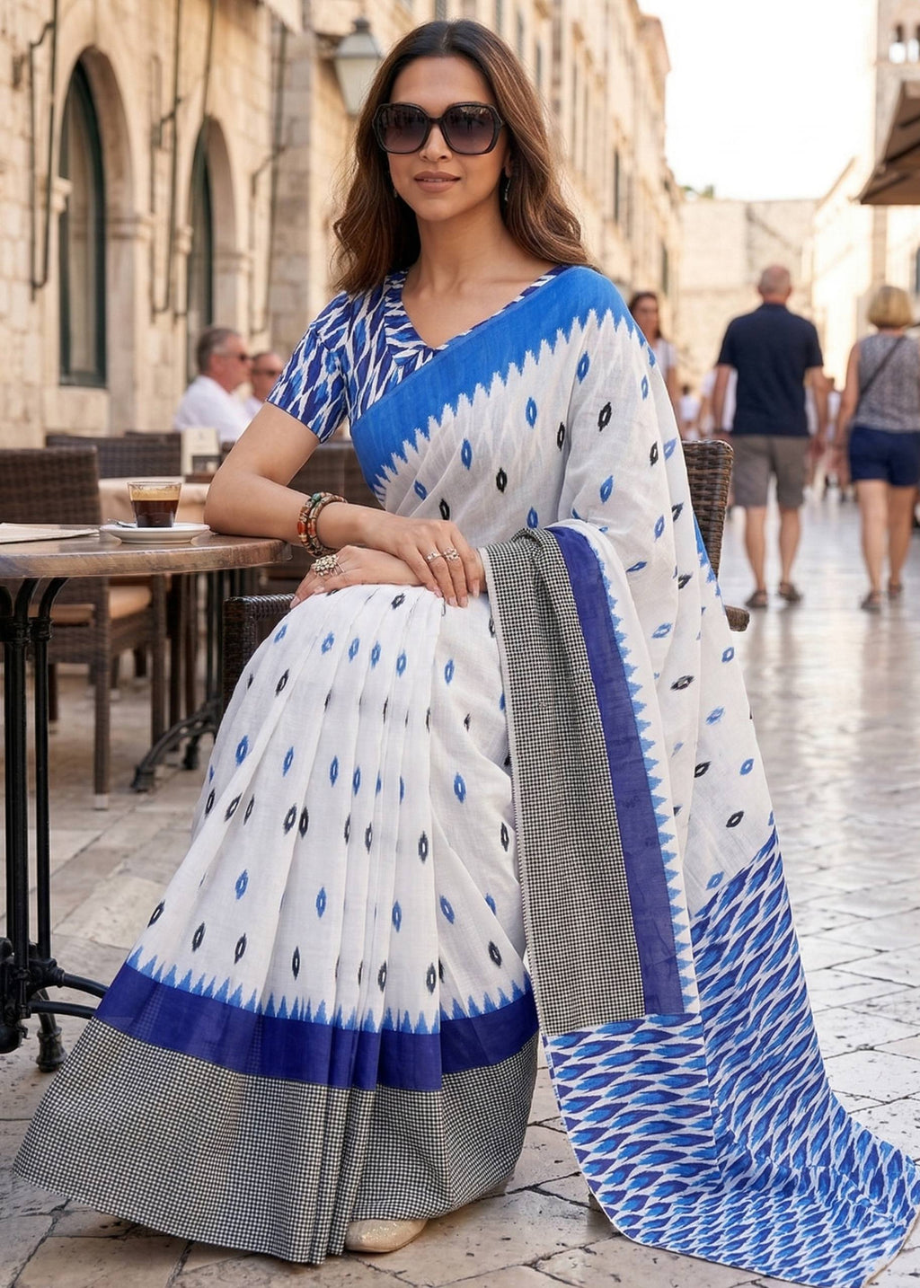 PURE SOFT MULMUL COTTON HAND BLOCK IKKAT PRINT BLUE SAREE WITH BLOUSE