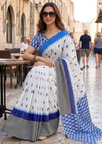 PURE SOFT MULMUL COTTON HAND BLOCK IKKAT PRINT BLUE SAREE WITH BLOUSE