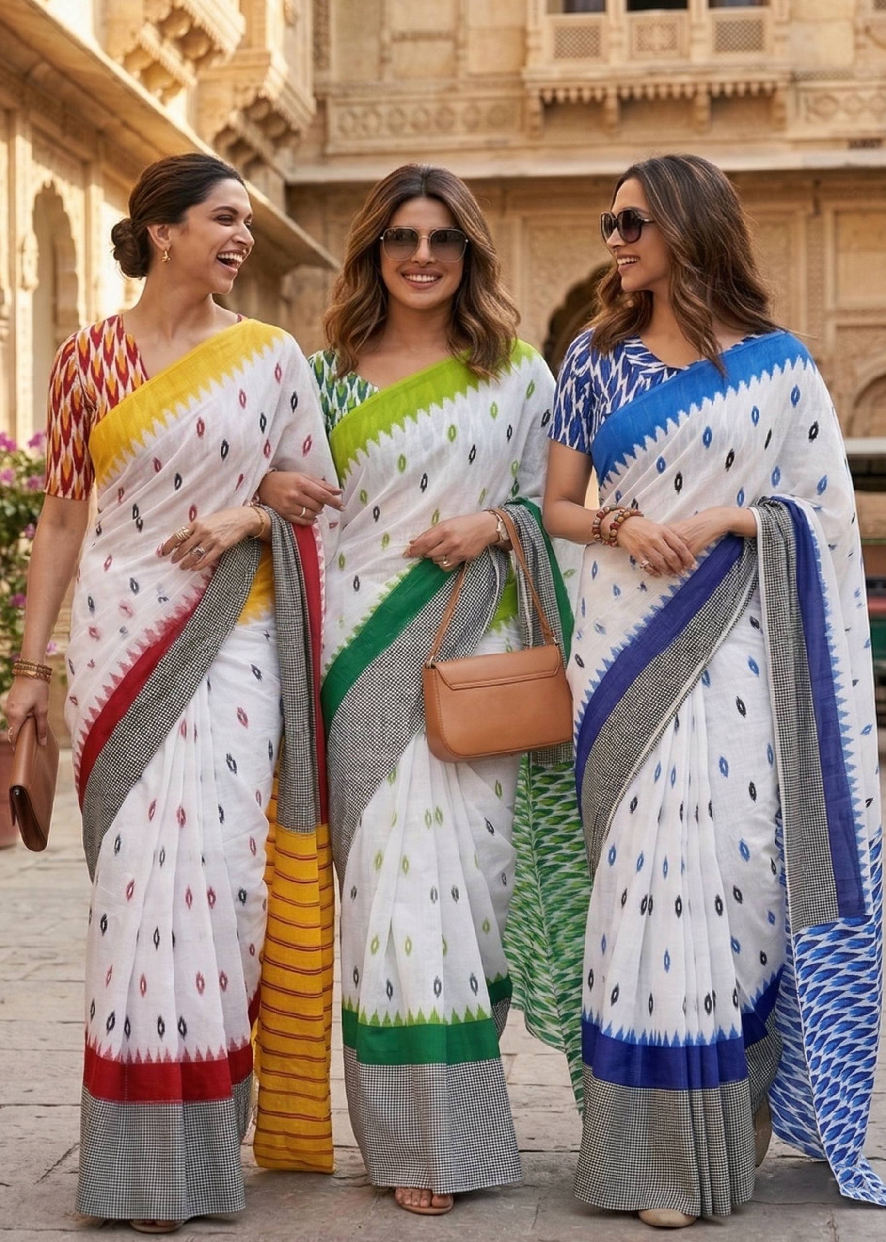 PURE SOFT MULMUL COTTON HAND BLOCK IKKAT PRINT GREEN SAREE WITH BLOUSE