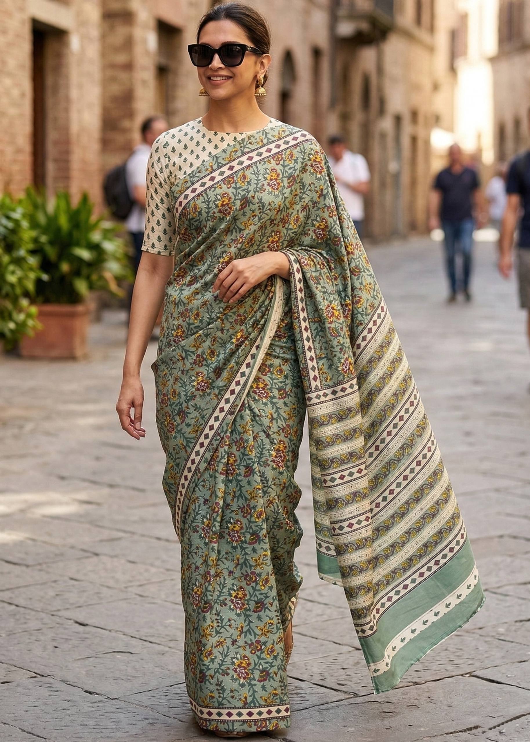 PURE MULMUL COTTON HAND PRINT MULTICOLOR SAREE WITH BLOUSE