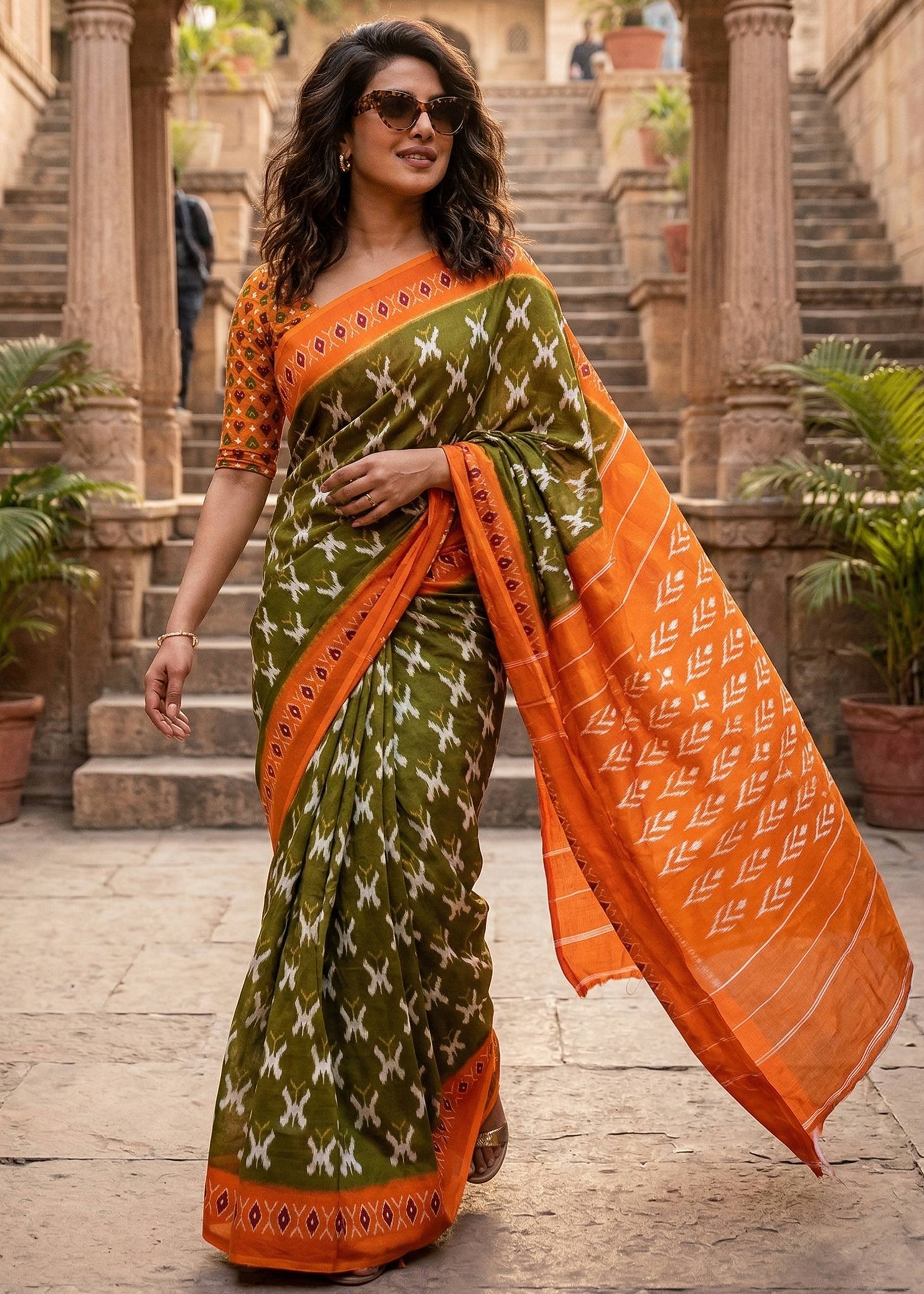 PURE MULMUL COTTON HAND PRINT MEHANDI GREEN SAREE WITH BLOUSE