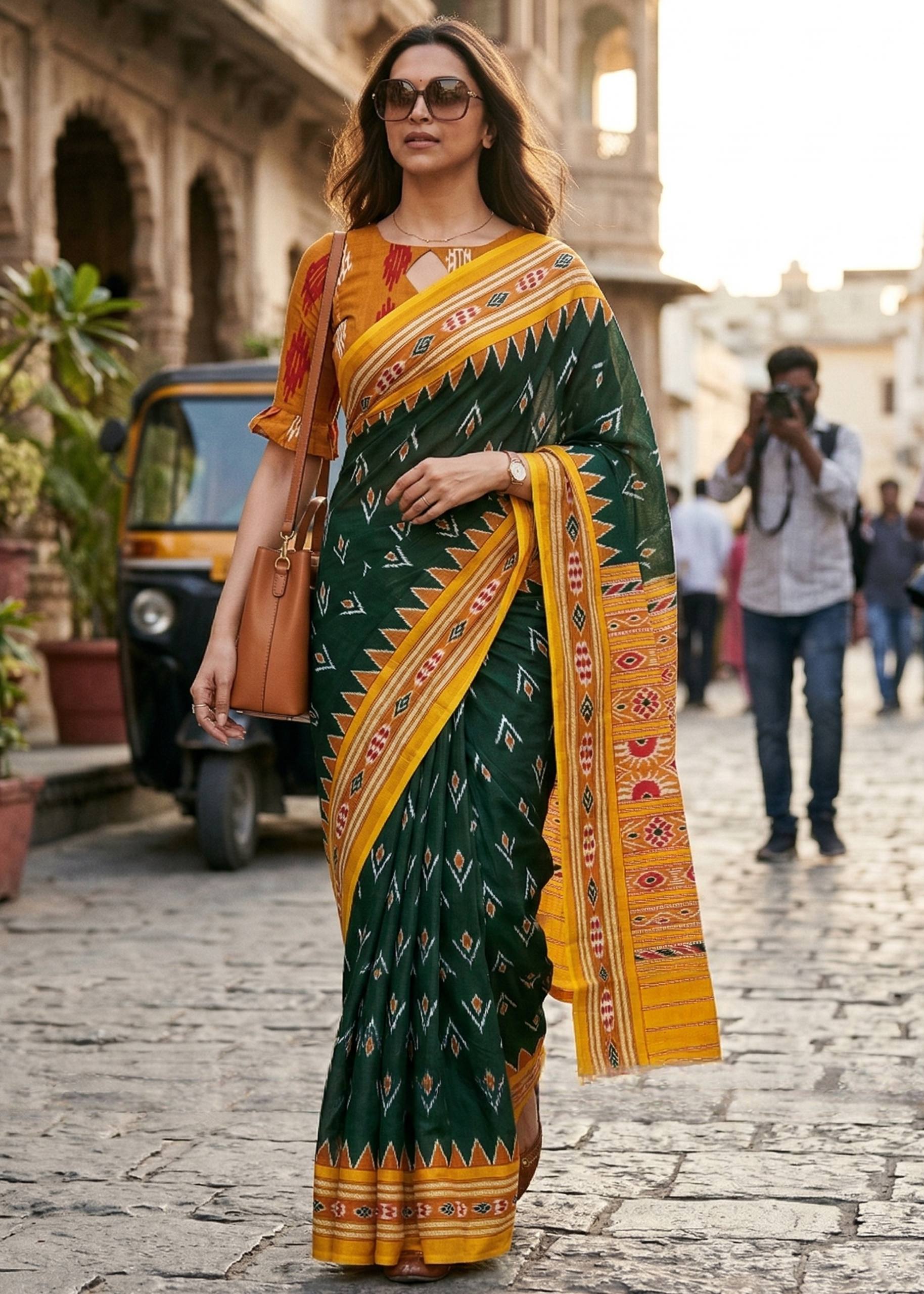 PURE MULMUL COTTON HAND PRINT GREEN SAREE WITH BLOUSE