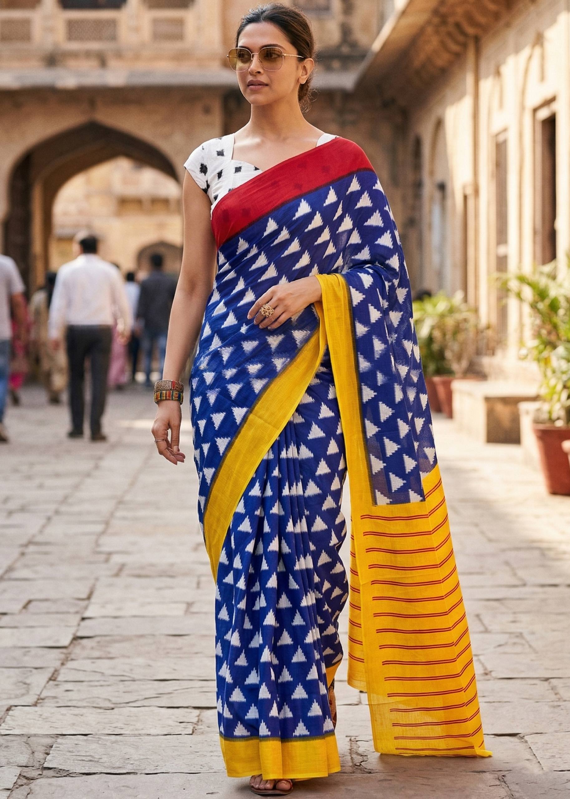 PURE MULMUL COTTON HAND PRINT BLUE SAREE WITH BLOUSE