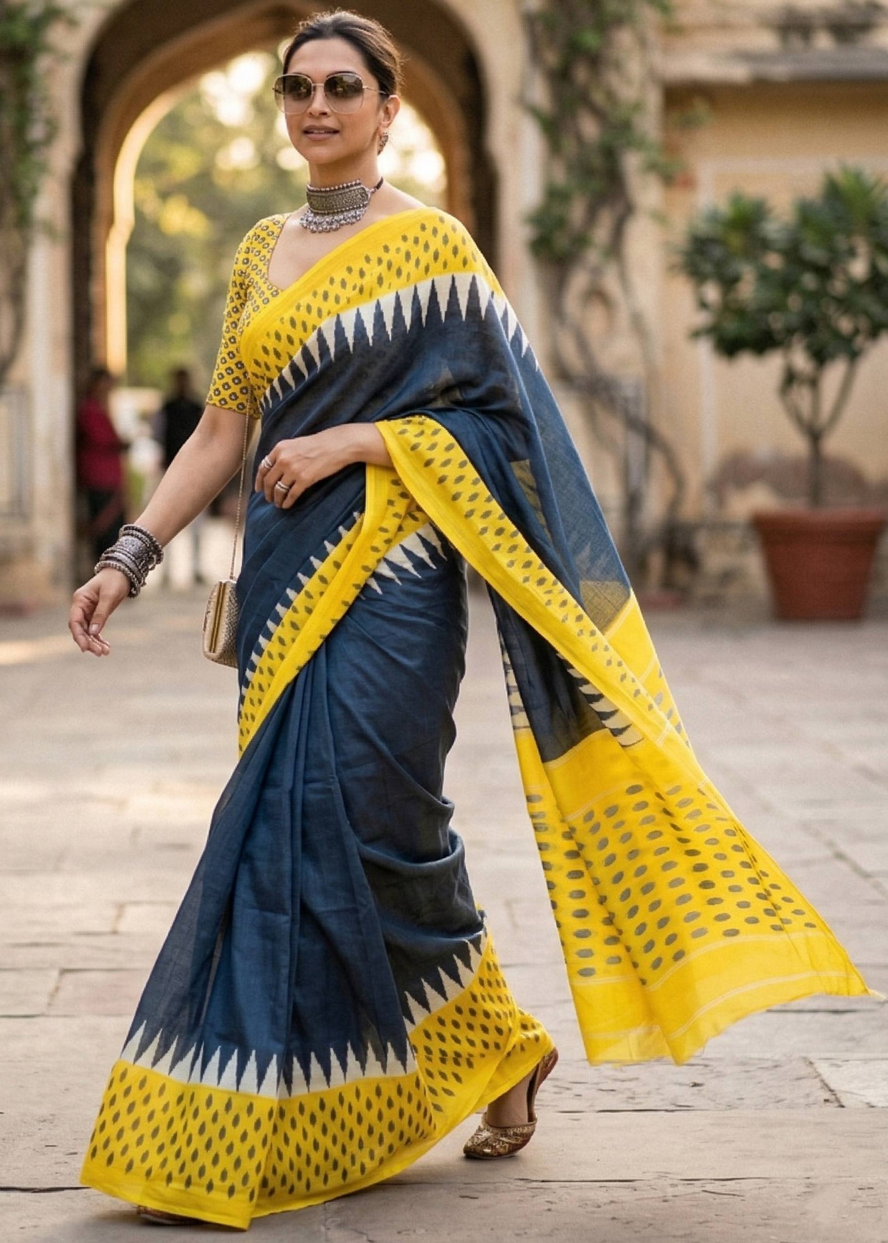 PURE MULMUL COTTON HAND PRINT NEVY BLUE SAREE WITH BLOUSE
