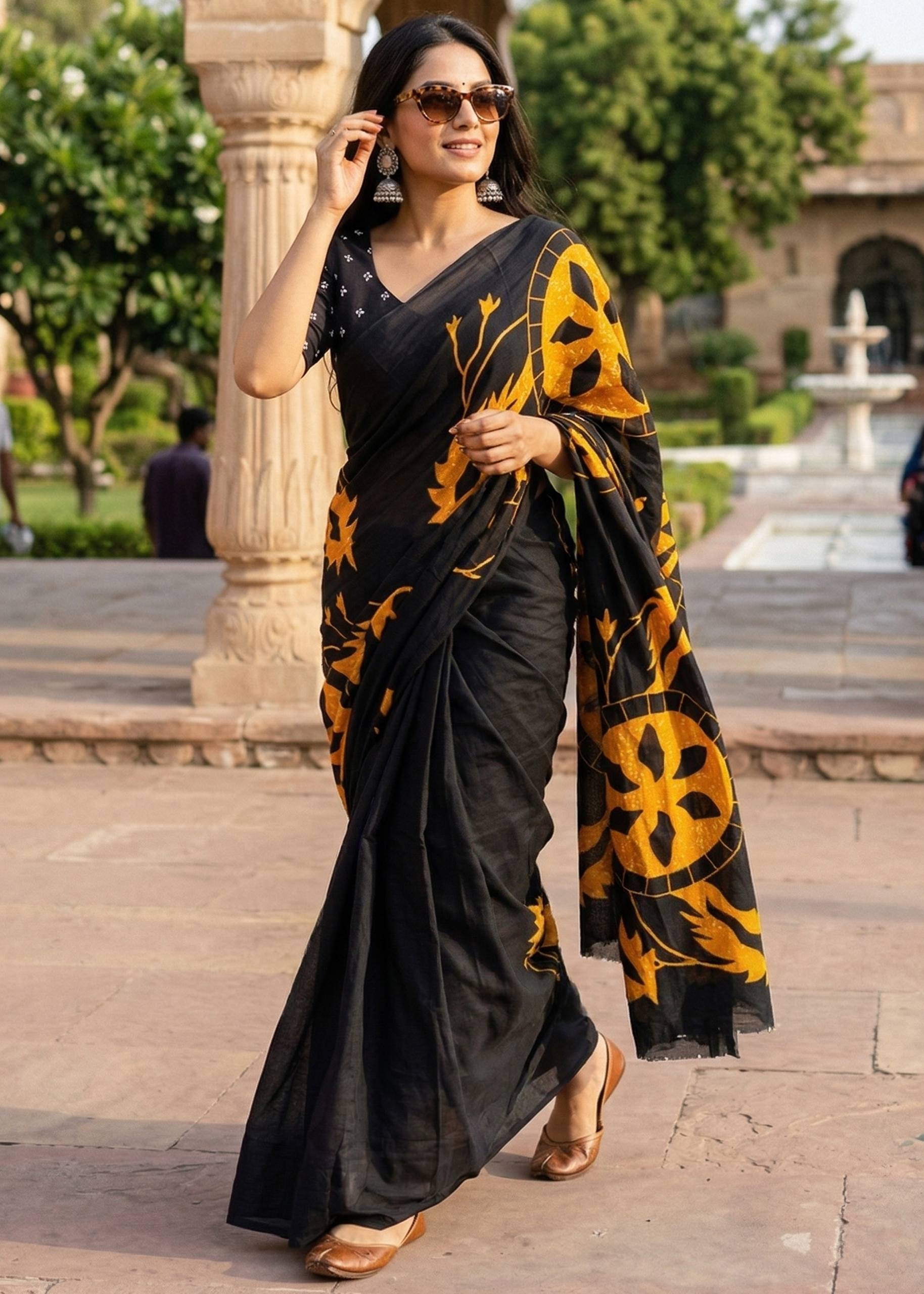PURE MULMUL COTTON HAND PRINT BLACK SAREE WITH BLOUSE