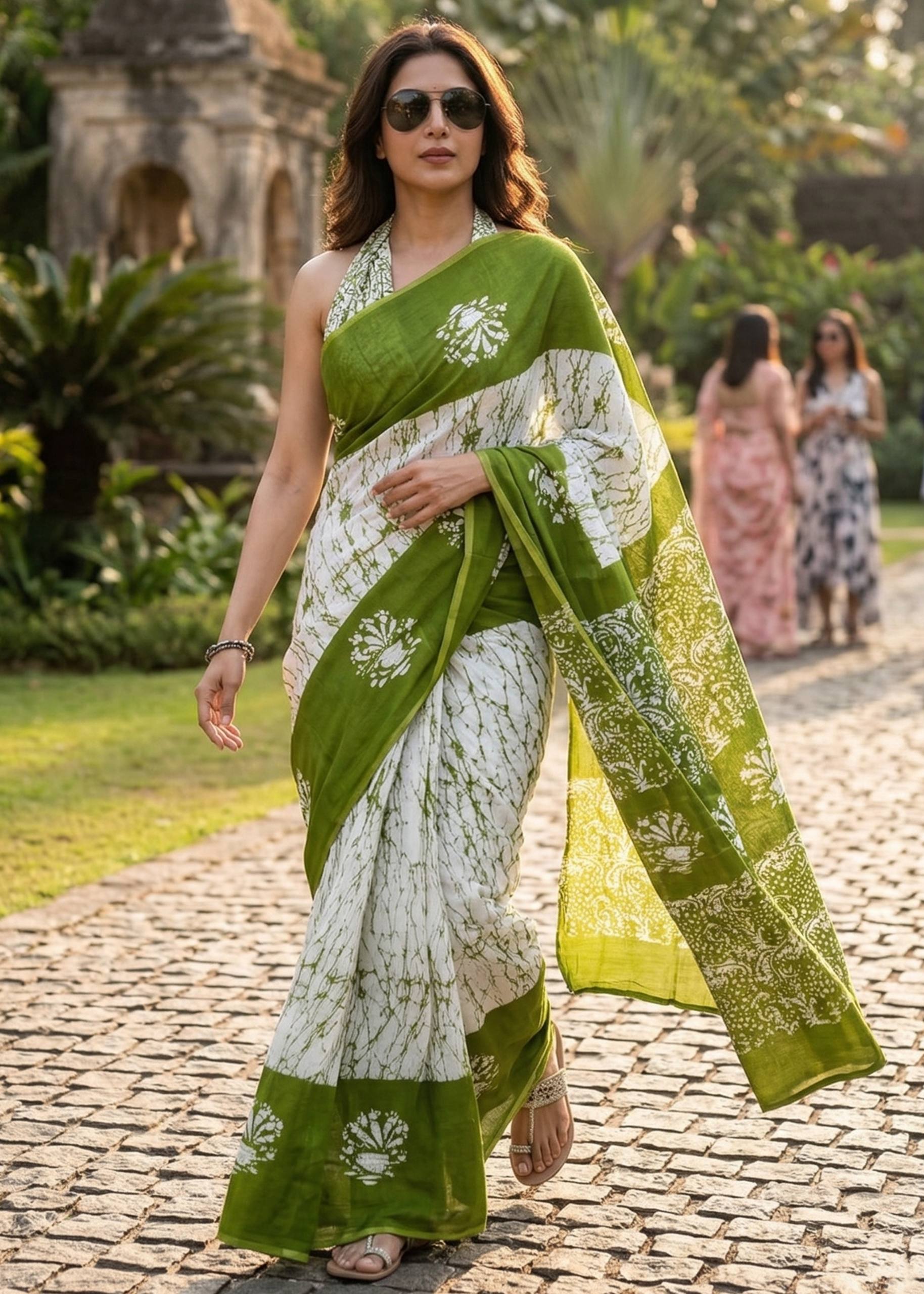 PURE MULMUL COTTON HAND PRINT GREEN SAREE WITH BLOUSE