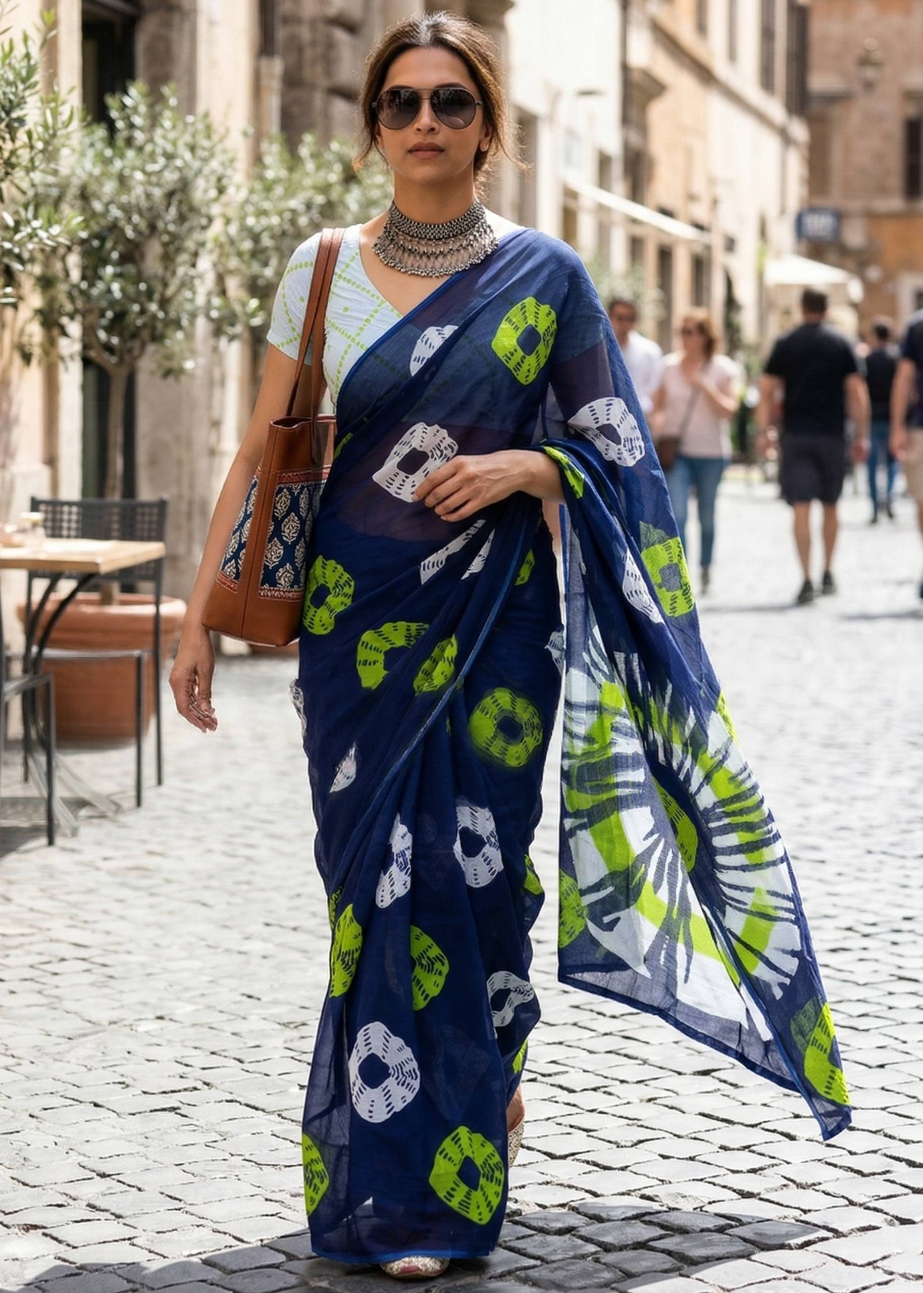 PURE MULMUL COTTON HAND PRINT BLUE SAREE WITH BLOUSE