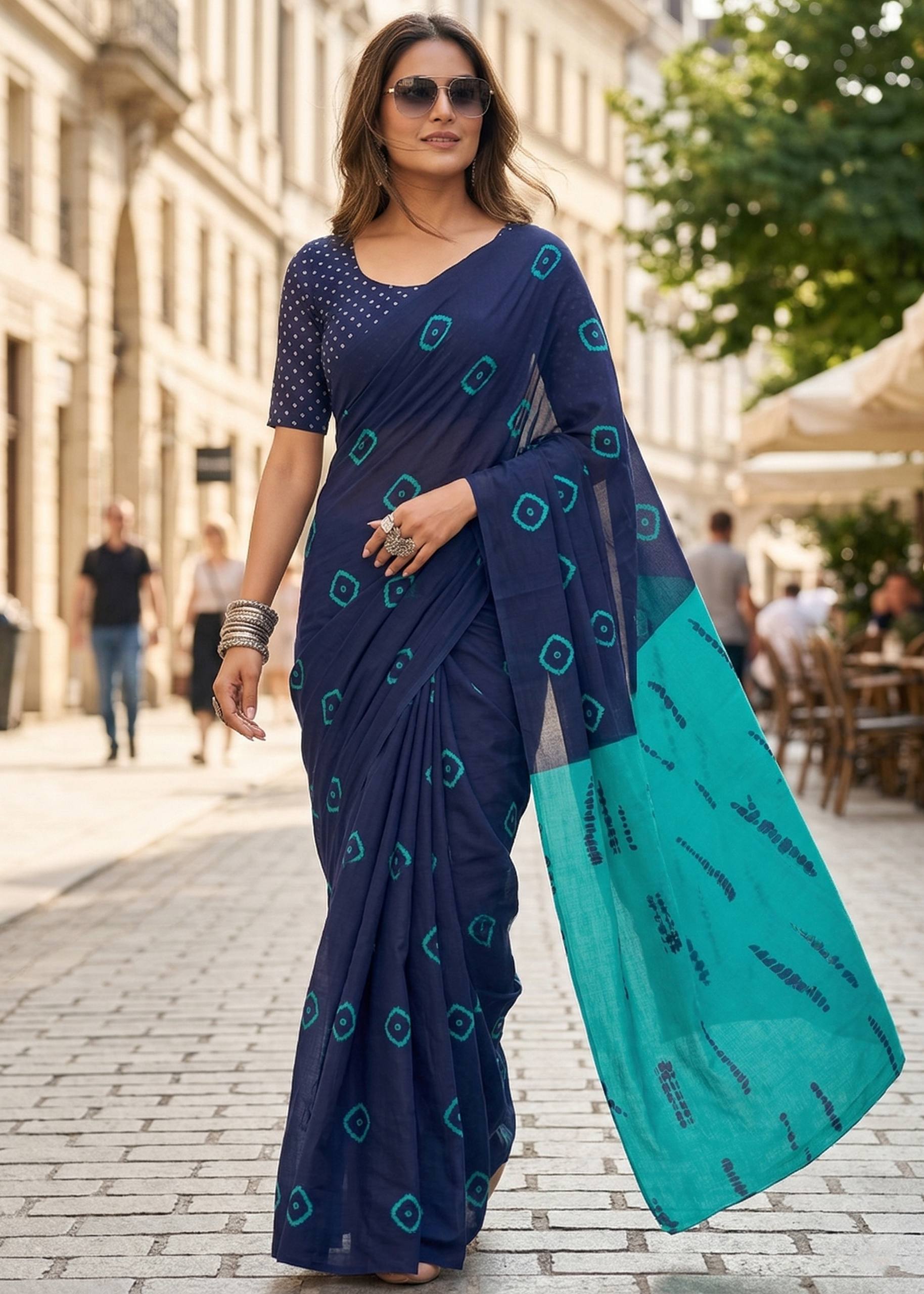 PURE MULMUL COTTON HAND PRINT NEVY BLUE SAREE WITH BLOUSE