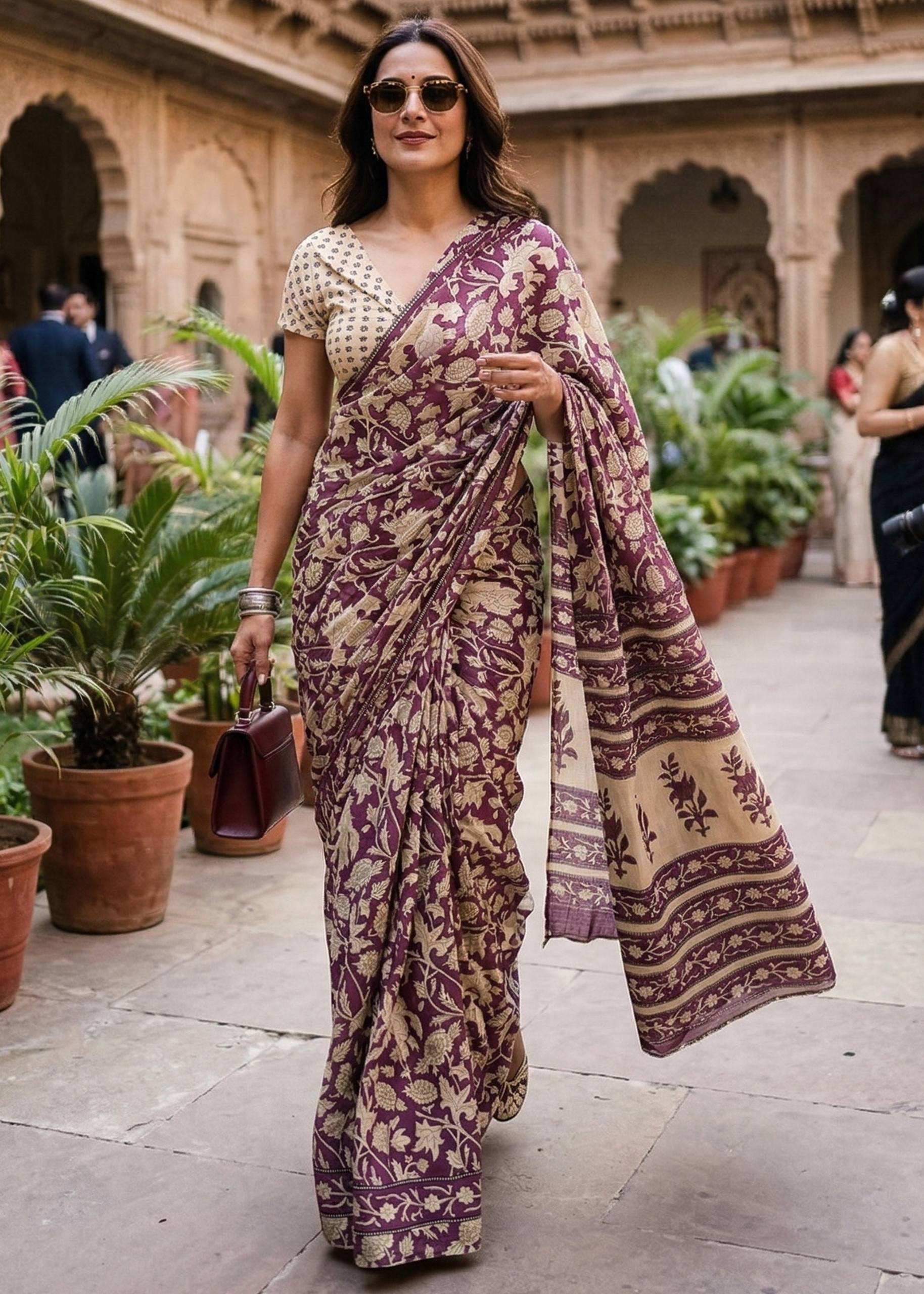PURE SOFT MULMUL COTTON HAND BLOCK PRINT PURPLE SAREE WITH BLOUSE