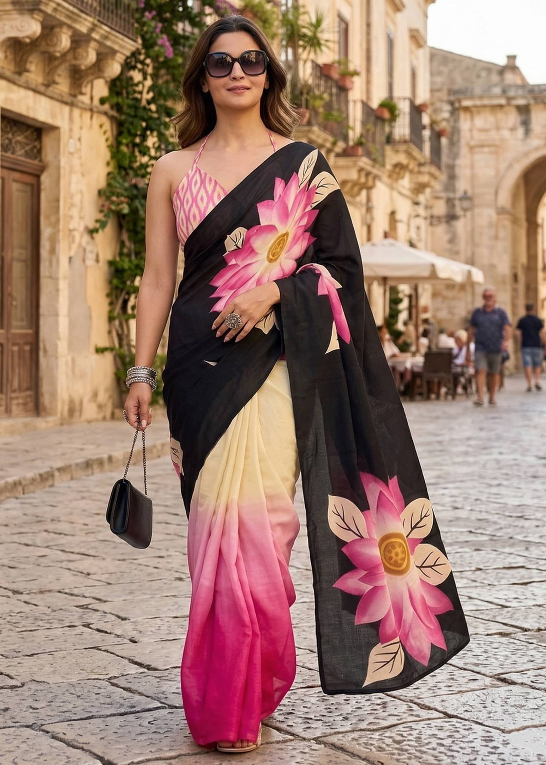 PURE SOFT MULMUL COTTON HAND BLOCK PRINT BLACK SAREE WITH BLOUSE