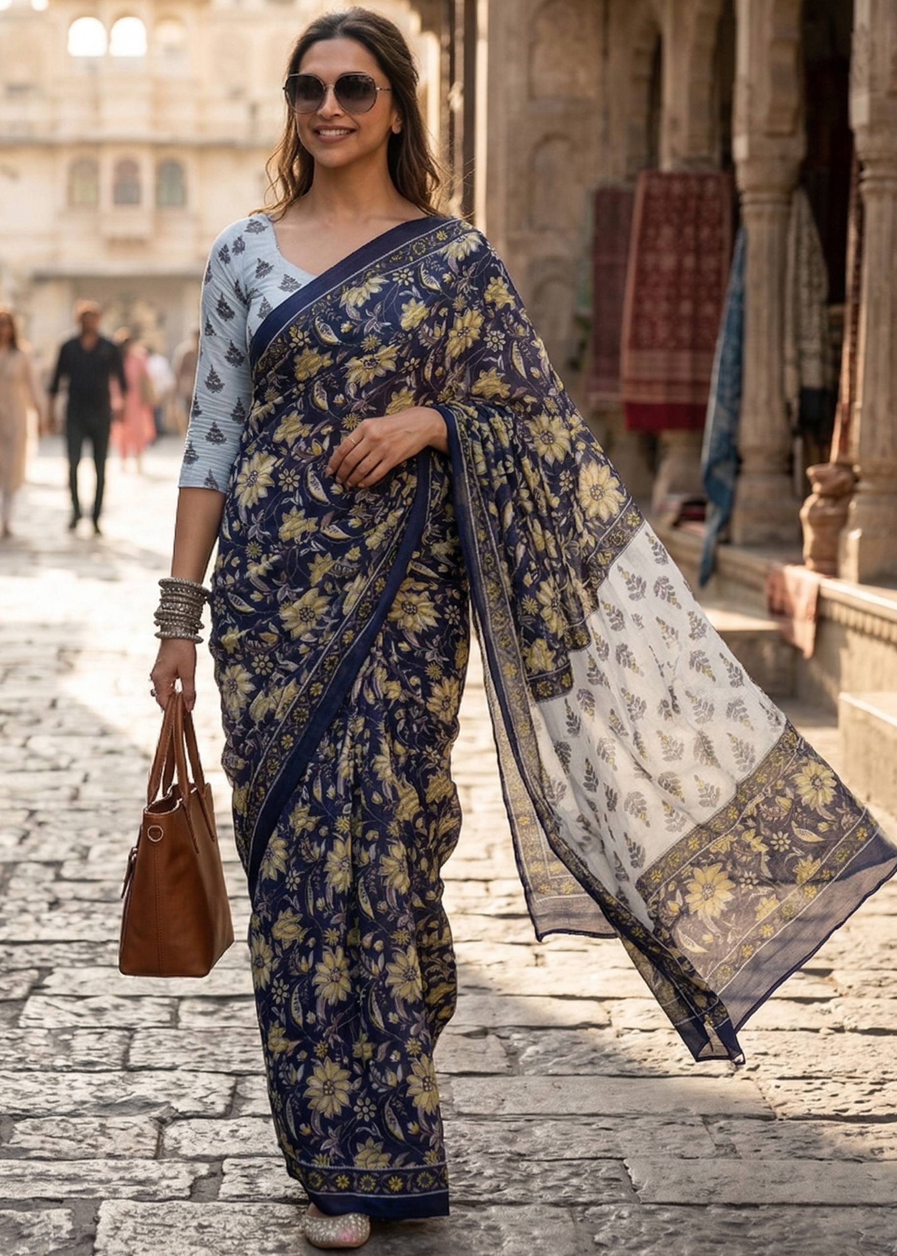 PURE SOFT MULMUL COTTON HAND BLOCK PRINT NEVY BLUE SAREE WITH BLOUSE