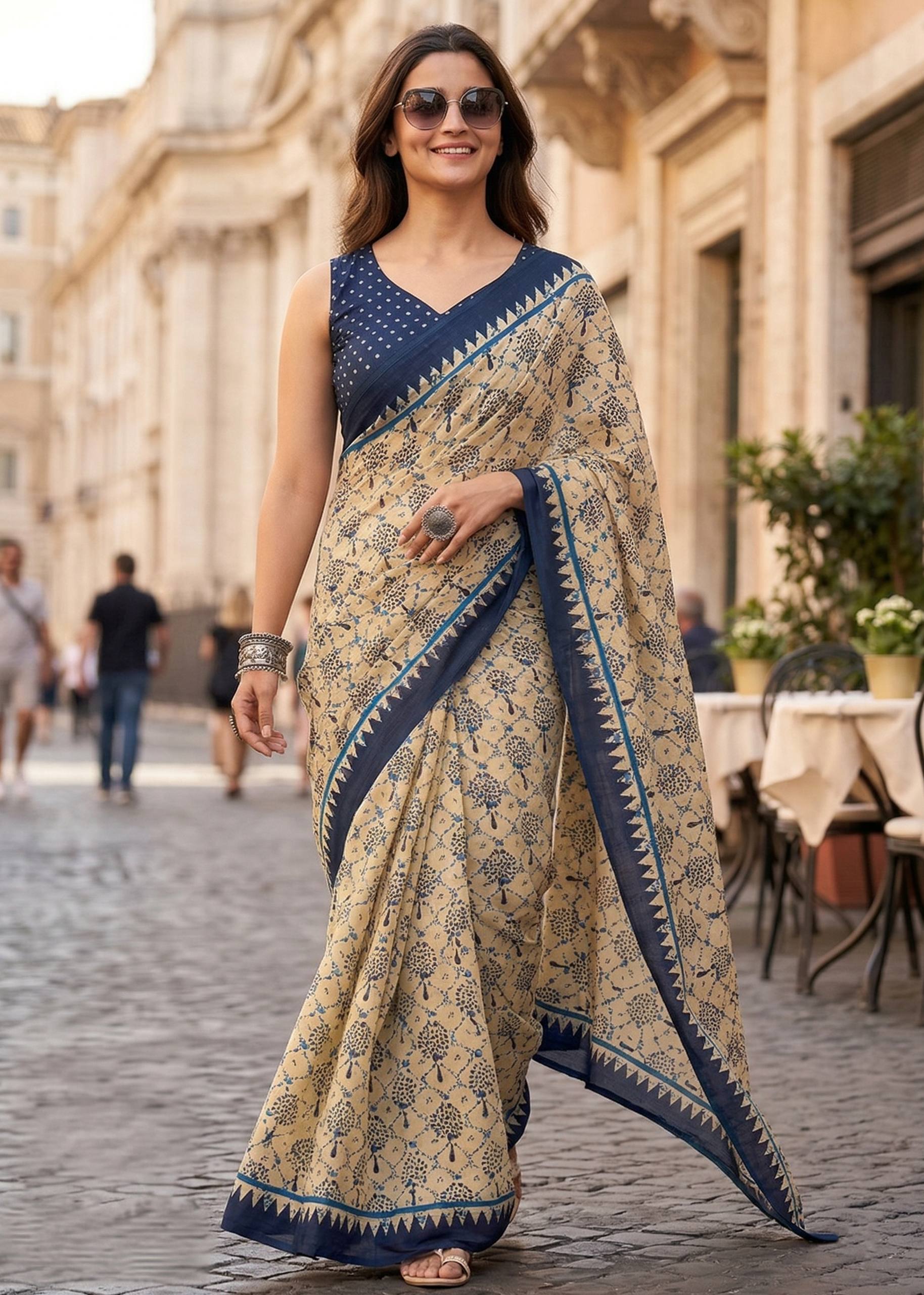 PURE SOFT MULMUL COTTON HAND BLOCK PRINT BEIGE SAREE WITH BLOUSE