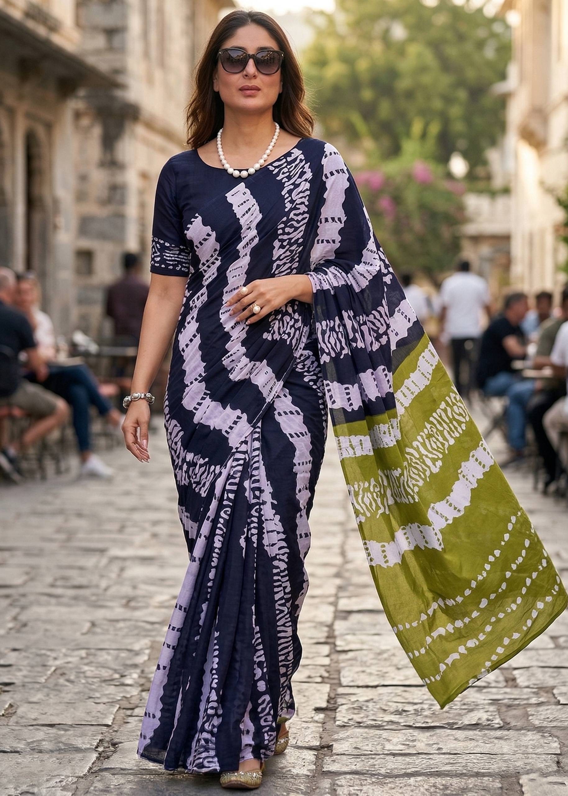 PURE MULMUL COTTON NEVY BLUE SAREE WITH BLOUSE