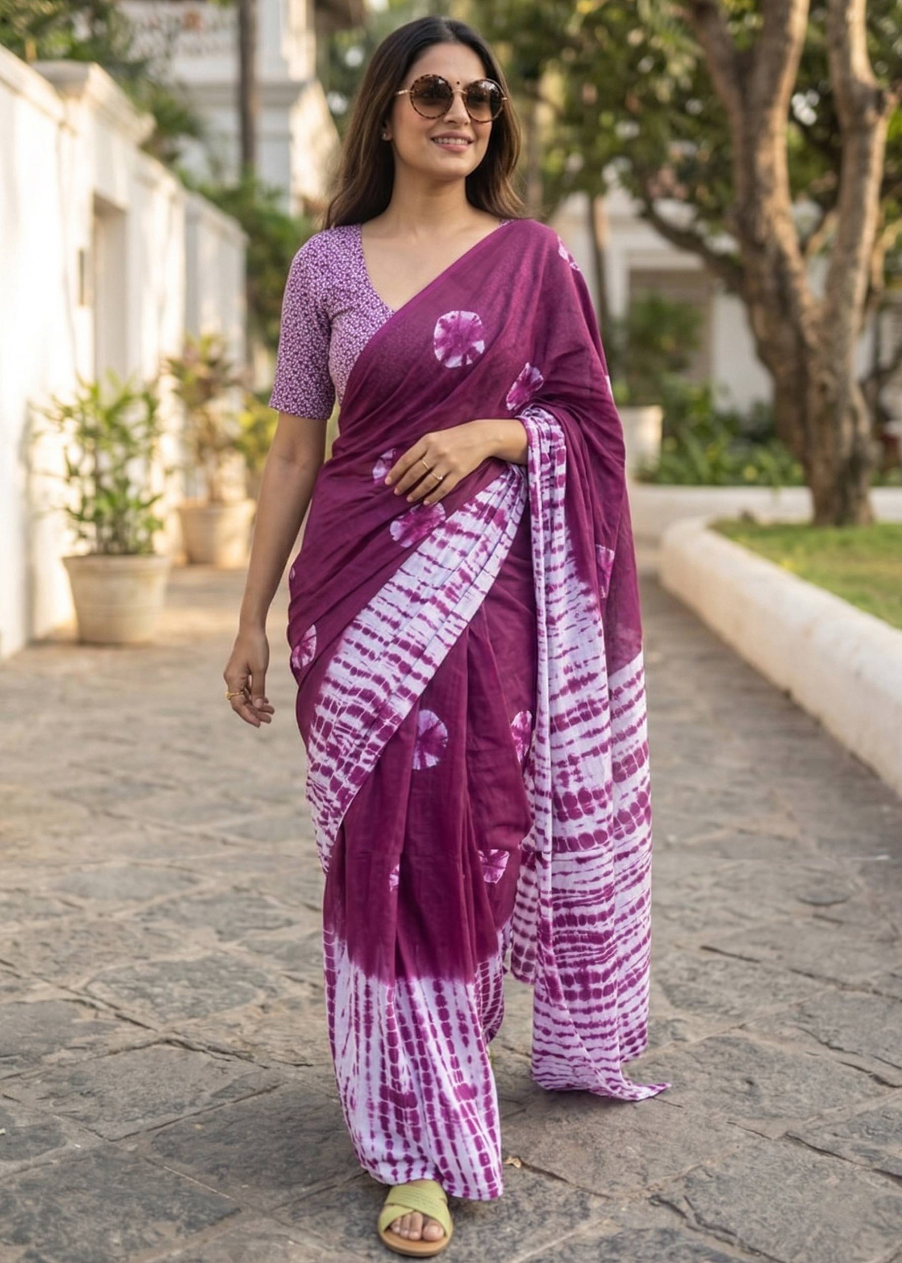 PURE MULMUL COTTON PURPLE SAREE WITH BLOUSE