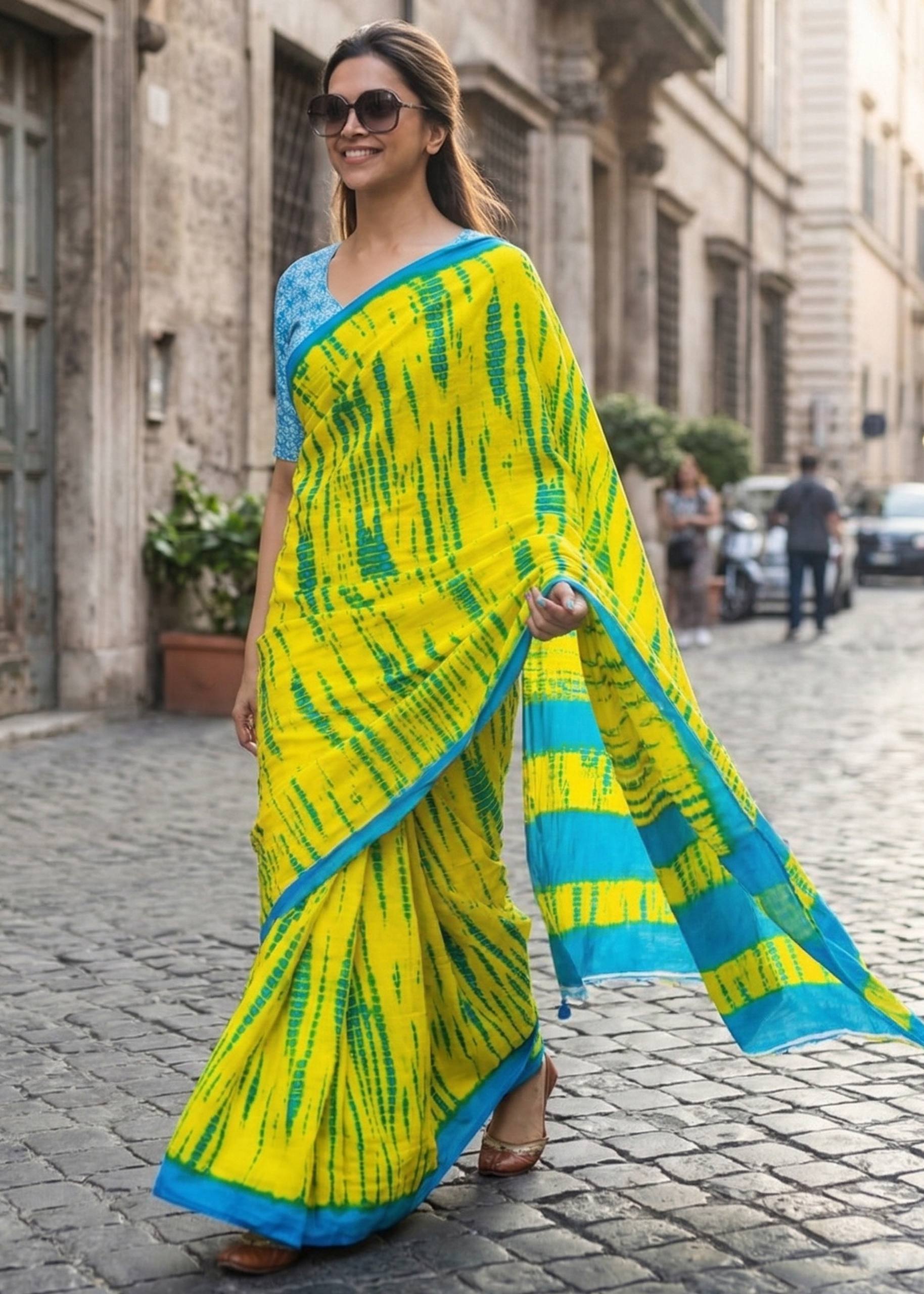 PURE MULMUL COTTON YELLOW SAREE WITH BLOUSE