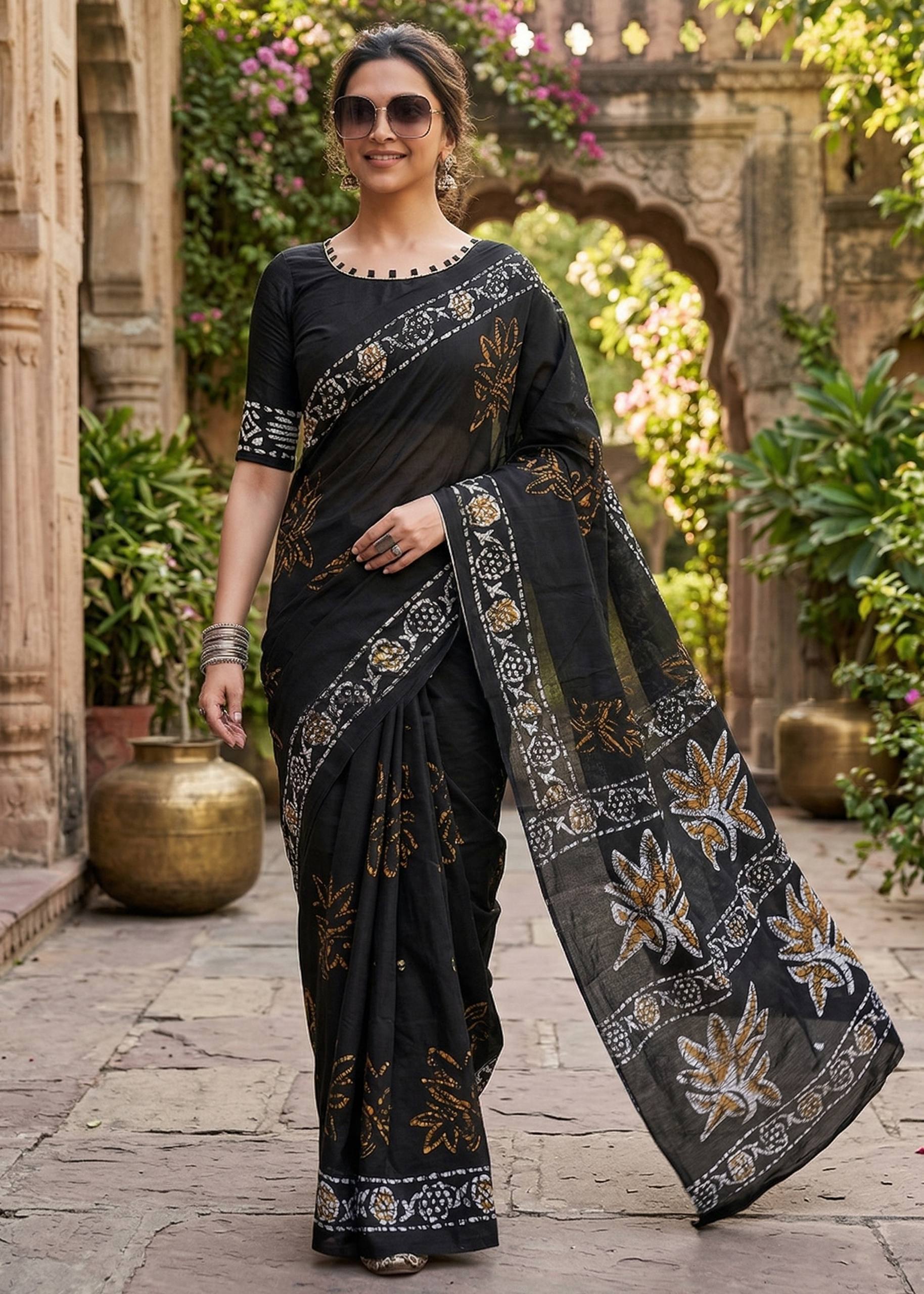 PURE SOFT MULMUL COTTON HAND BLOCK PRINT BLACK SAREE WITH BLOUSE