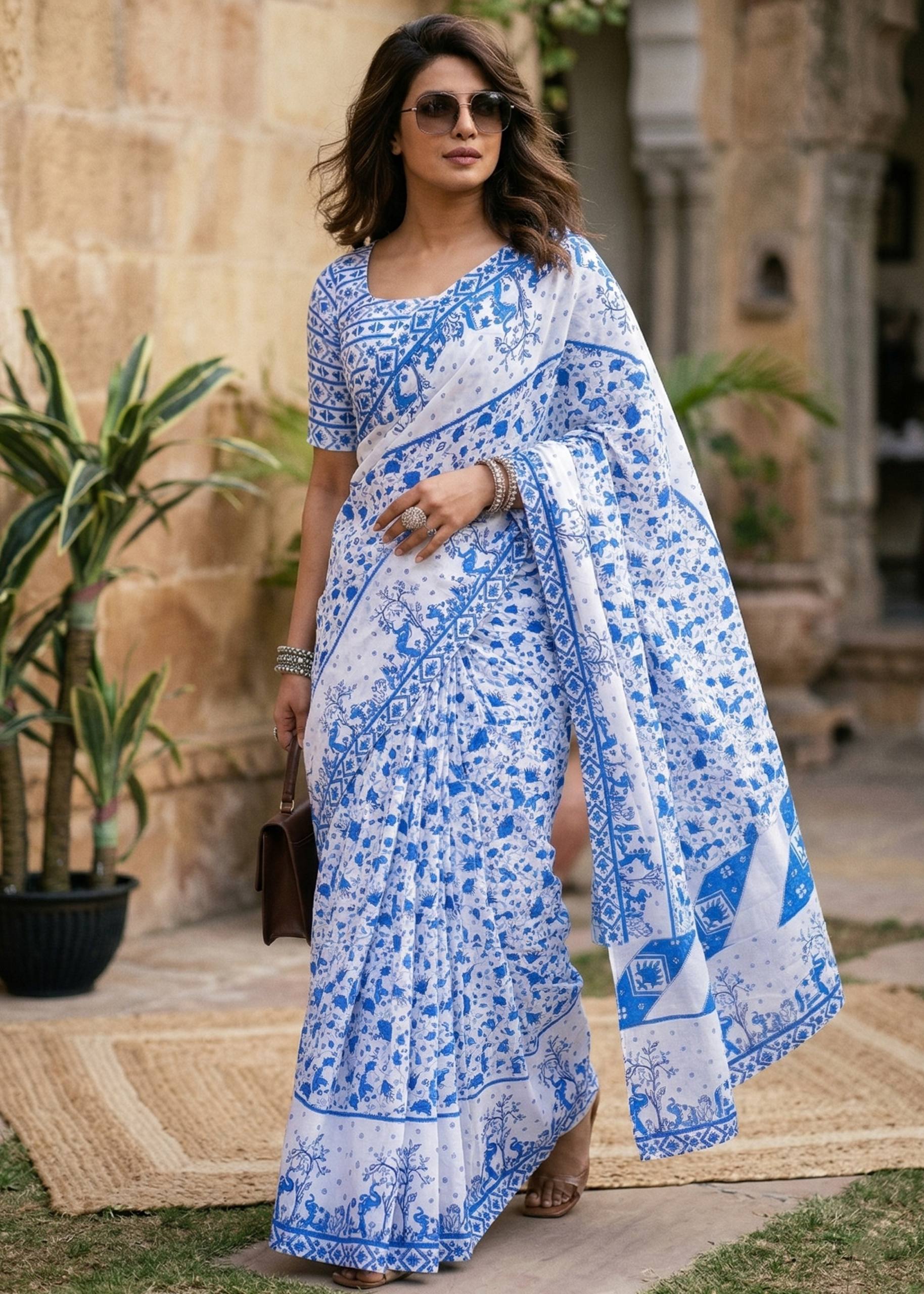 PURE SOFT MULMUL COTTON HAND BLOCK PRINT WHITE AND BLUE SAREE WITH BLOUSE