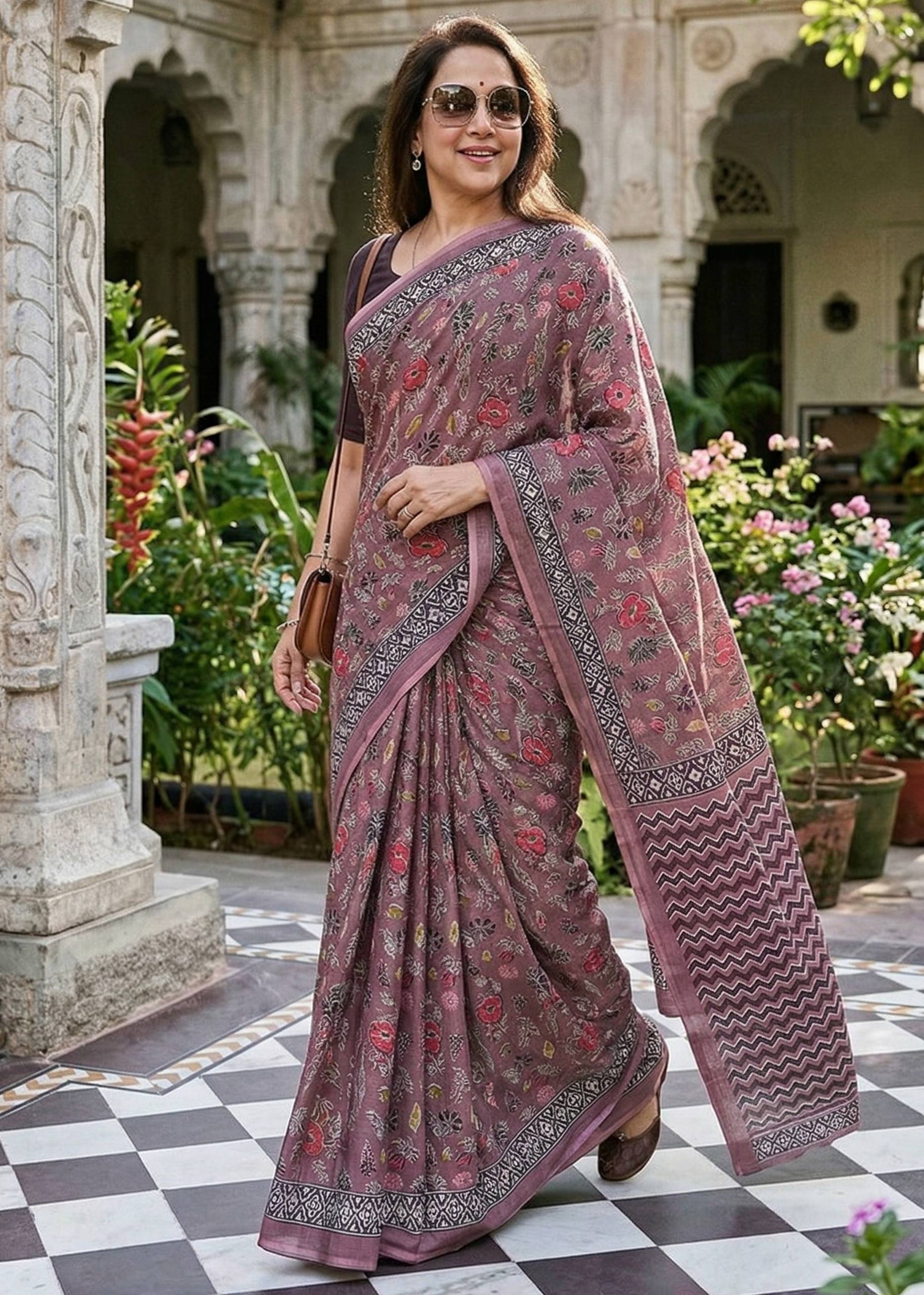 PURE SOFT MULMUL COTTON HAND BLOCK PRINT PEACH SAREE WITH BLOUSE