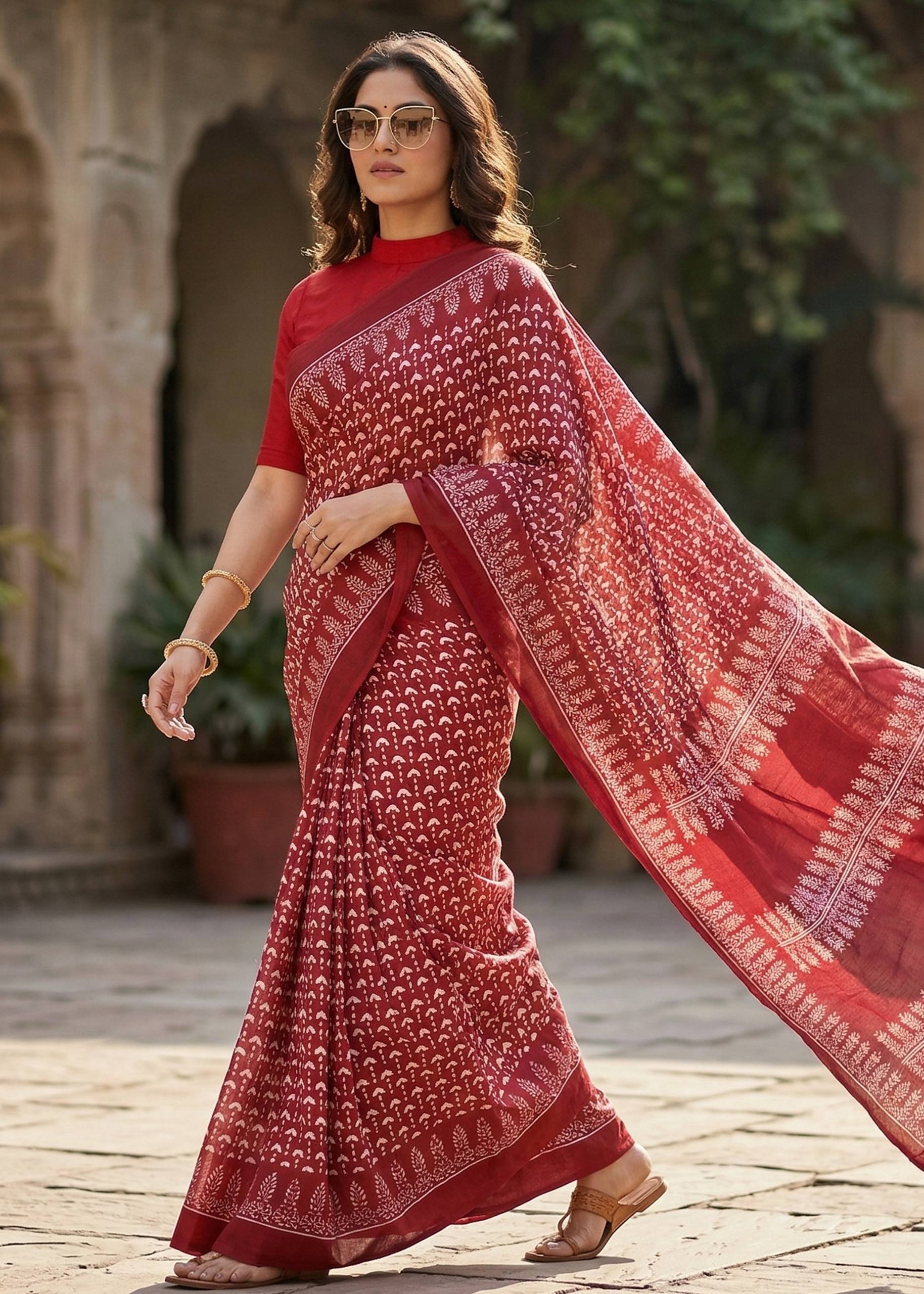PURE SOFT MULMUL COTTON HAND BLOCK PRINT RED SAREE WITH BLOUSE