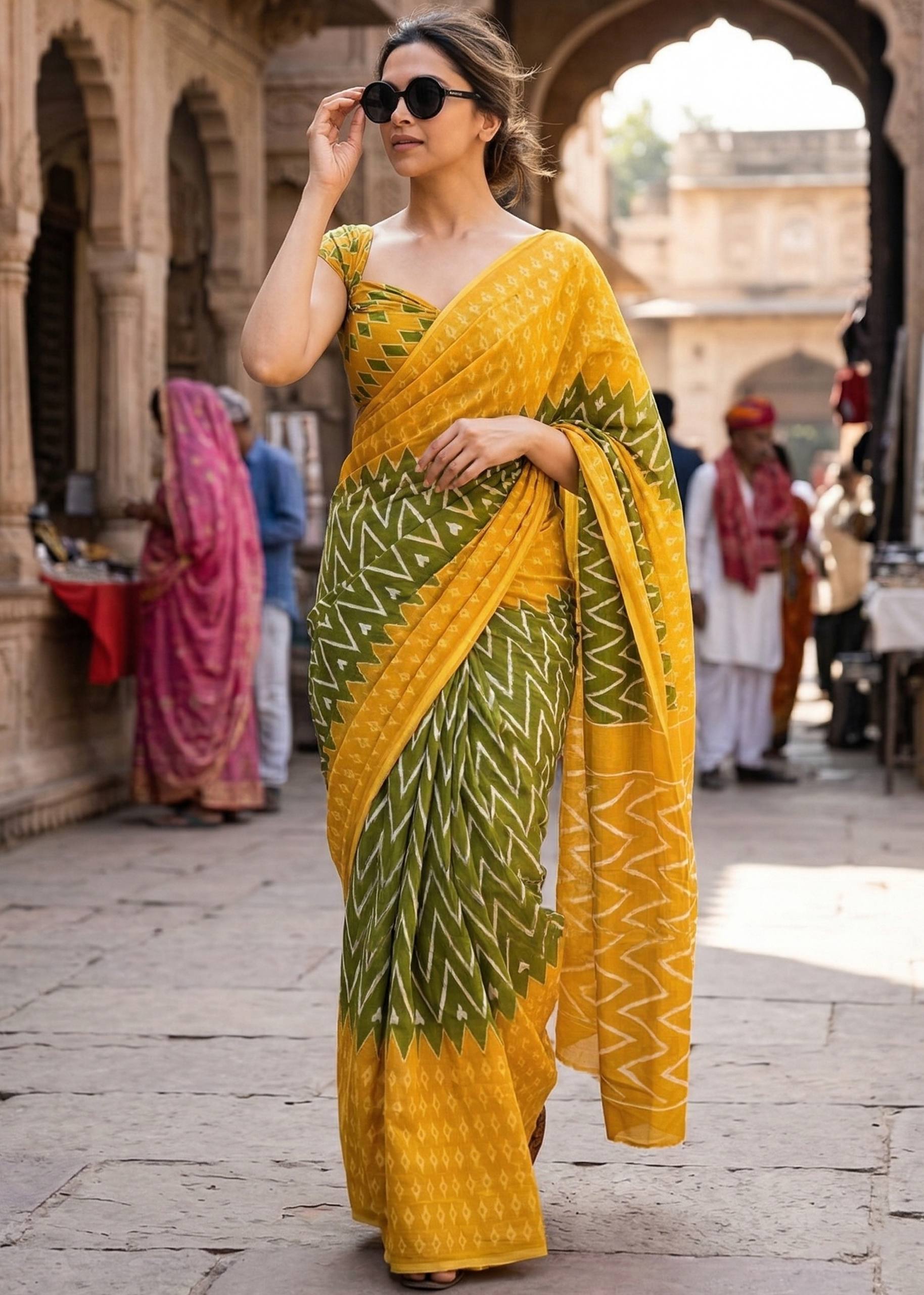 PURE SOFT MULMUL COTTON HAND BLOCK IKKAT PRINT MEHANDI GREEN AND YELLOW SAREE WITH BLOUSE