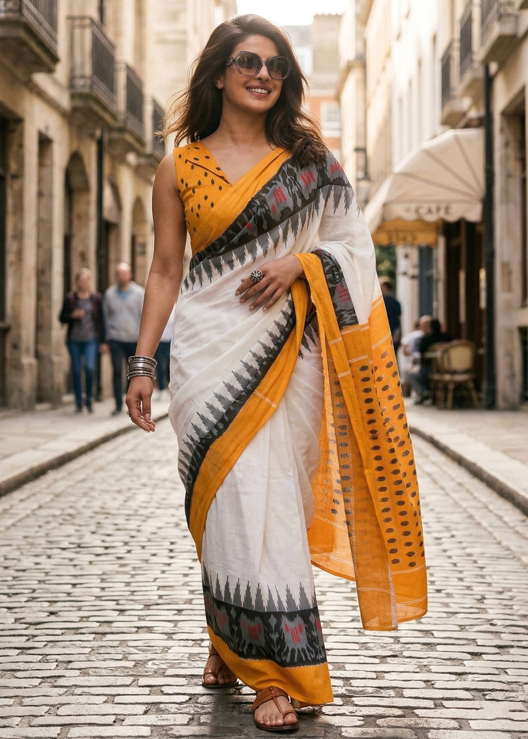 PURE SOFT MULMUL COTTON HAND BLOCK IKKAT PRINT WHITE AND YELLOW SAREE WITH BLOUSE