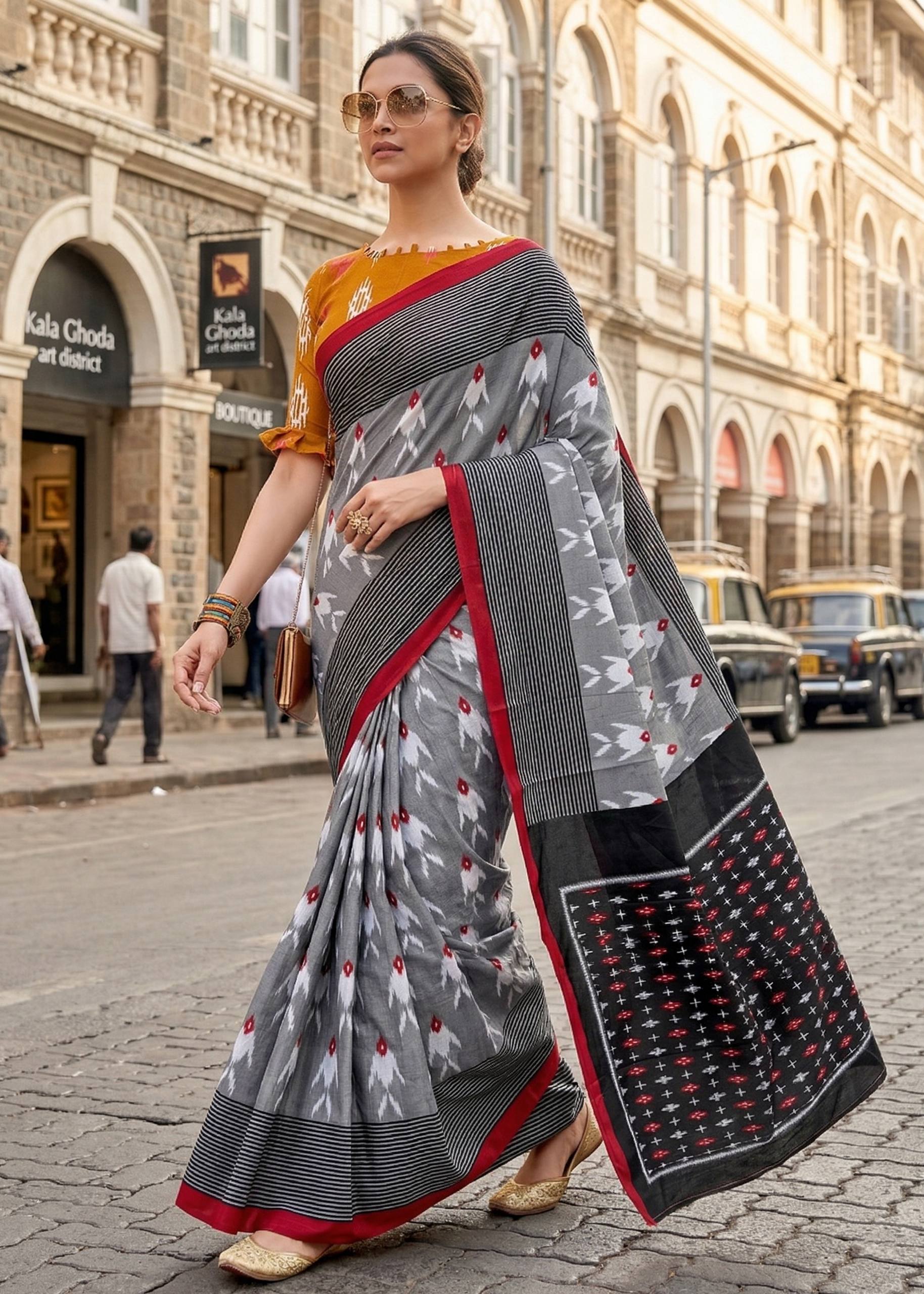 PURE SOFT MULMUL COTTON HAND BLOCK IKKAT PRINT GREY SAREE WITH BLOUSE