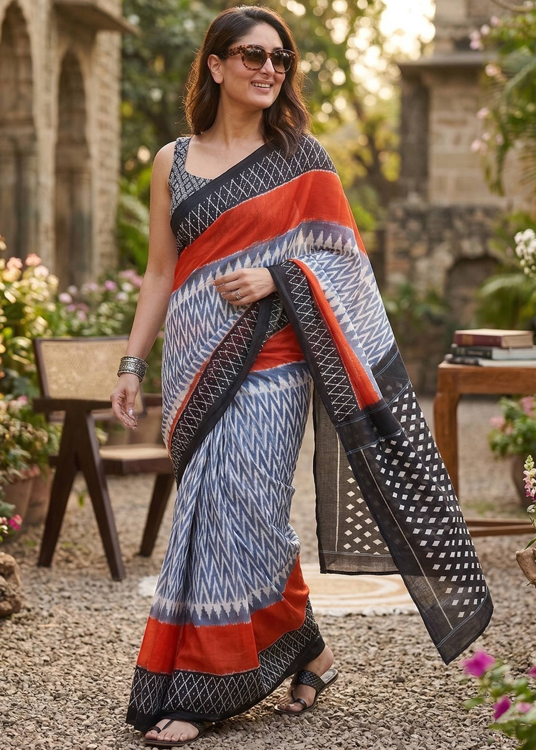 PURE SOFT MULMUL COTTON HAND BLOCK IKKAT PRINT GREY AND ORANGE SAREE WITH BLOUSE