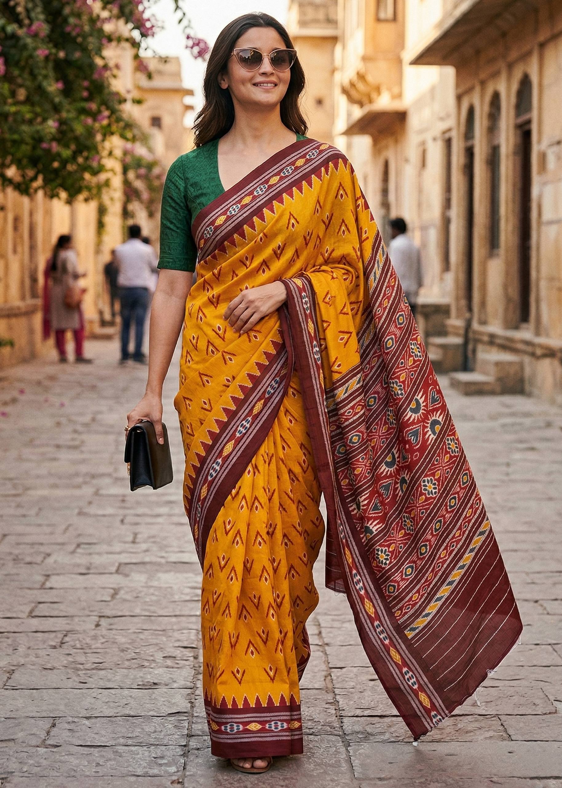 PURE SOFT MULMUL COTTON HAND BLOCK IKKAT PRINT ORANGE SAREE WITH BLOUSE