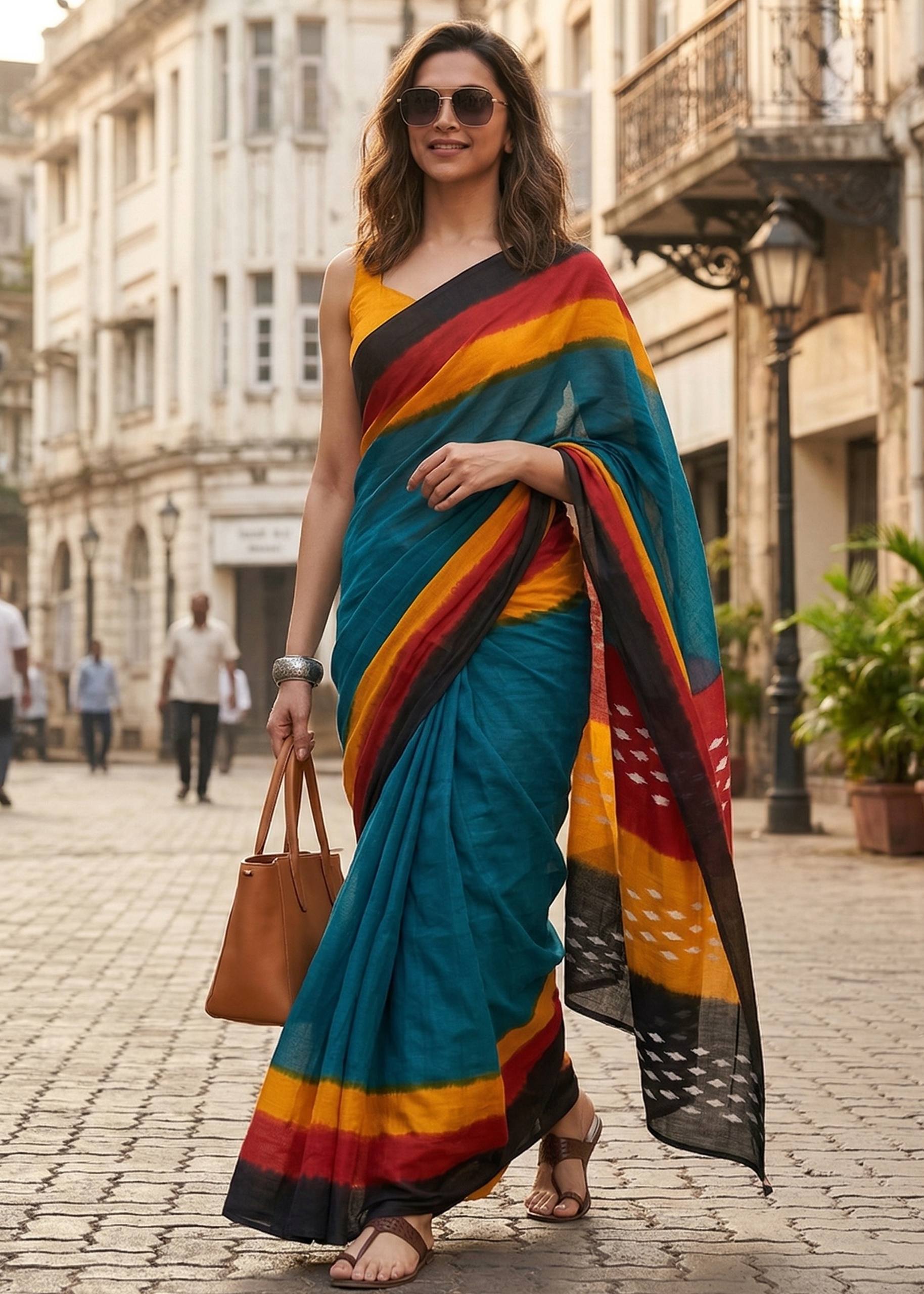 PURE SOFT MULMUL COTTON HAND BLOCK IKKAT PRINT BLUE SAREE WITH BLOUSE