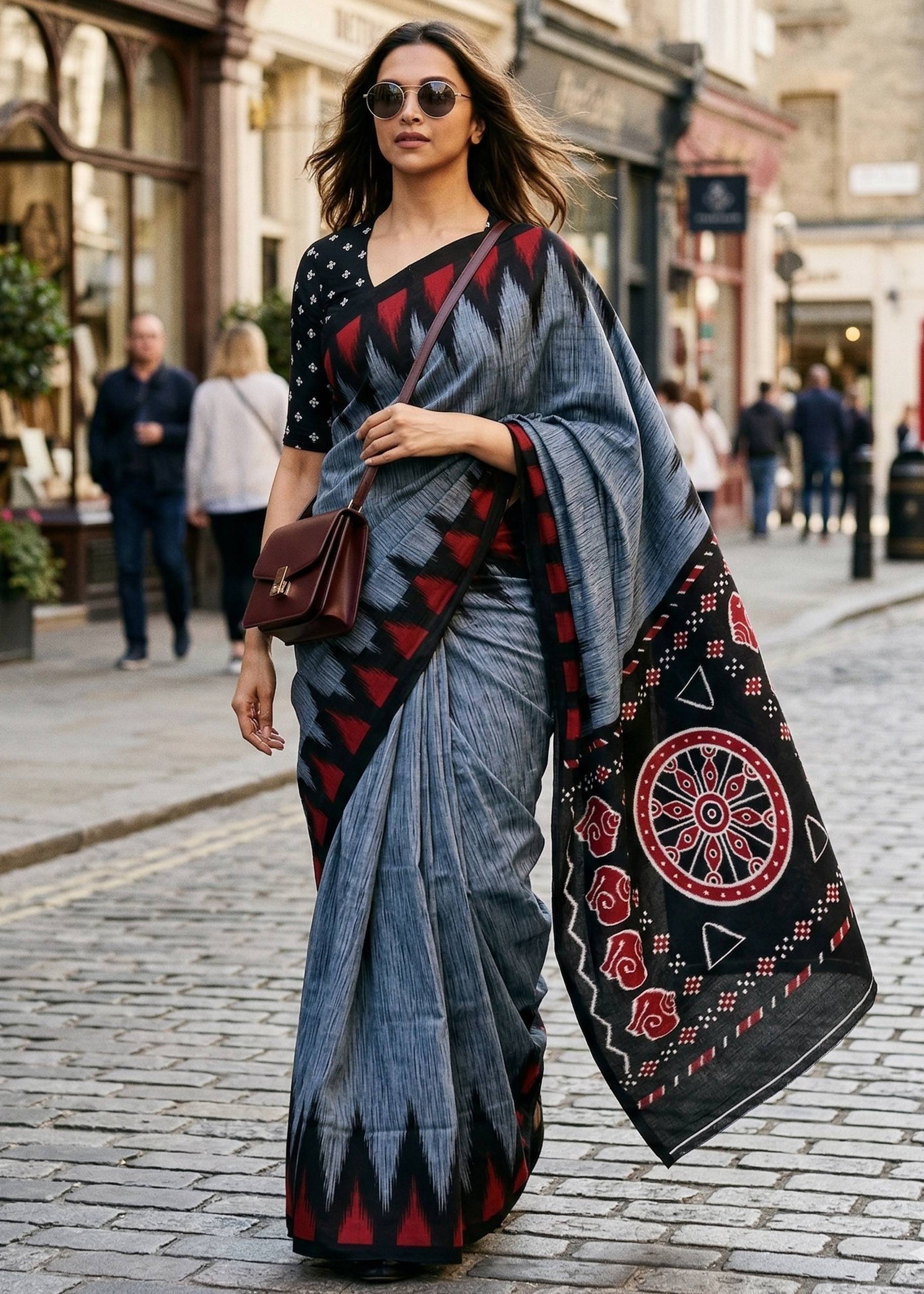 PURE SOFT MULMUL COTTON HAND BLOCK IKKAT PRINT GREY AND BLACK SAREE WITH BLOUSE