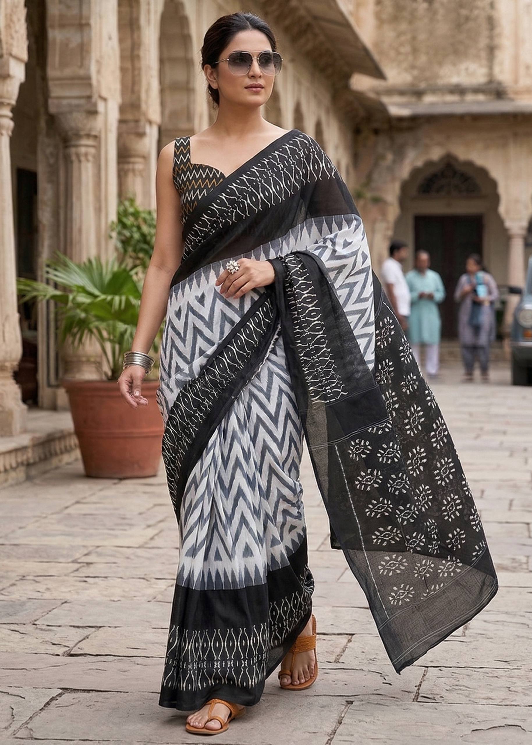PURE SOFT MULMUL COTTON HAND BLOCK IKKAT PRINT BLACK AND WHITE SAREE WITH BLOUSE