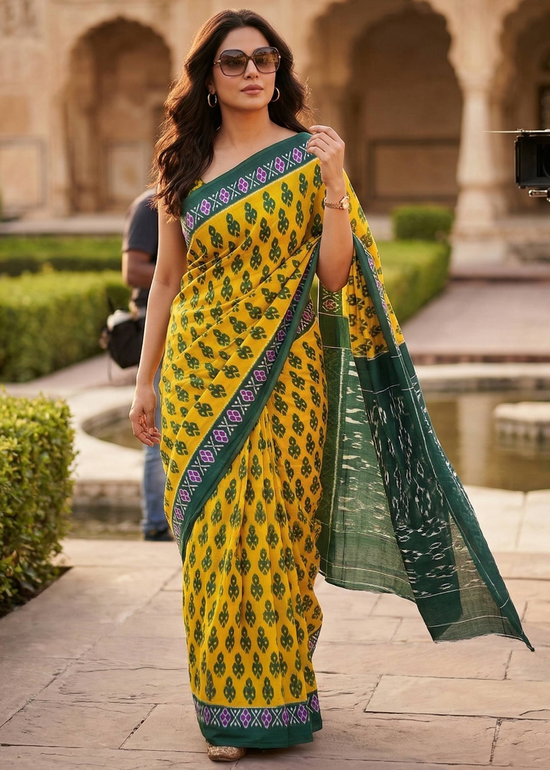 PURE SOFT MULMUL COTTON HAND BLOCK IKKAT PRINT YELLOW AND GREEN SAREE WITH BLOUSE