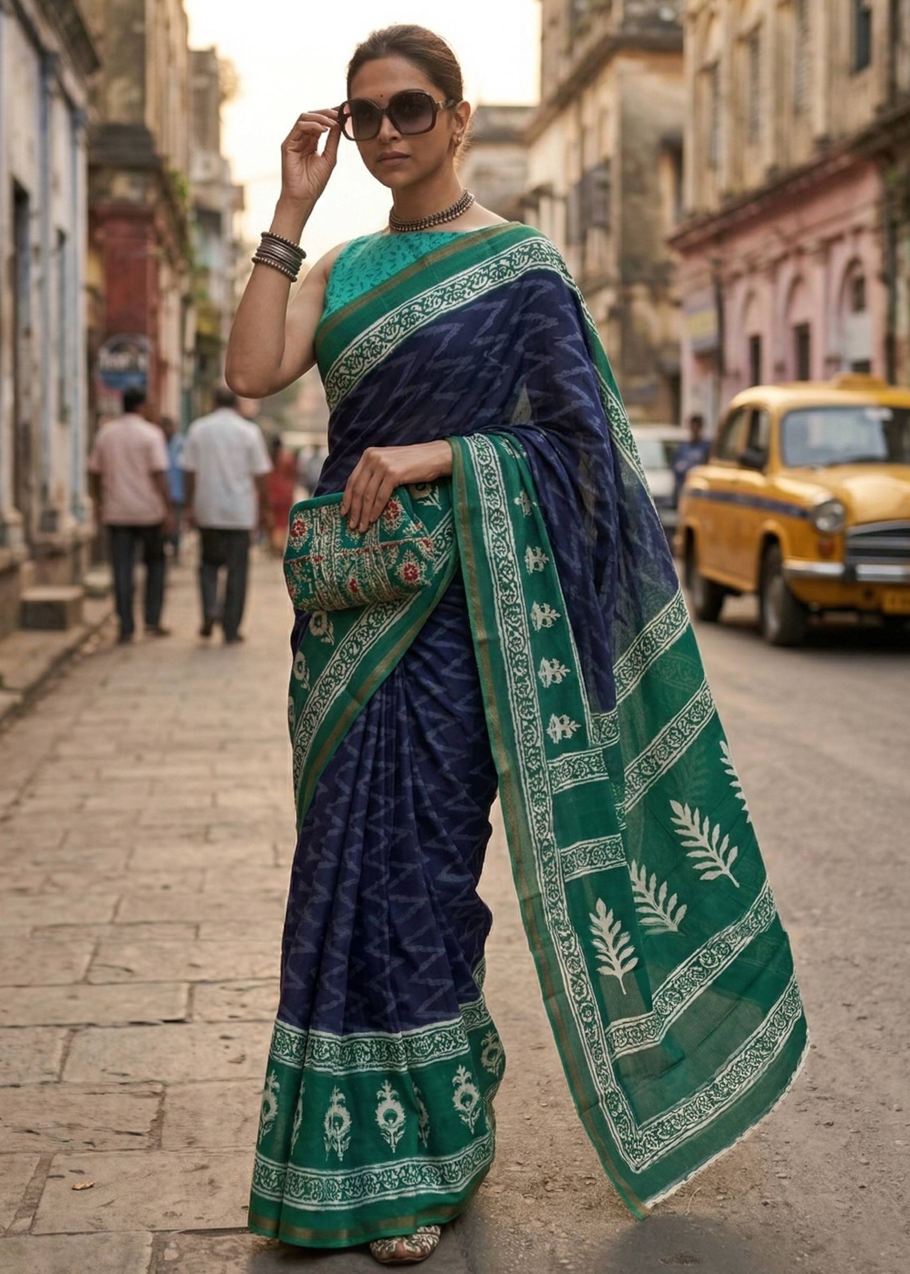 BAGRU BLOCK PRINT SOFT MASLIN COTTON WITH ZARI BORDER NEVY BLUE SAREE WITH BLOUSE