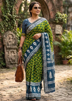 BAGRU BLOCK PRINT SOFT MASLIN COTTON WITH ZARI BORDER GREEN SAREE WITH BLOUSE