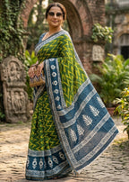 BAGRU BLOCK PRINT SOFT MASLIN COTTON WITH ZARI BORDER GREEN SAREE WITH BLOUSE