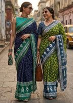 BAGRU BLOCK PRINT SOFT MASLIN COTTON WITH ZARI BORDER NEVY BLUE SAREE WITH BLOUSE
