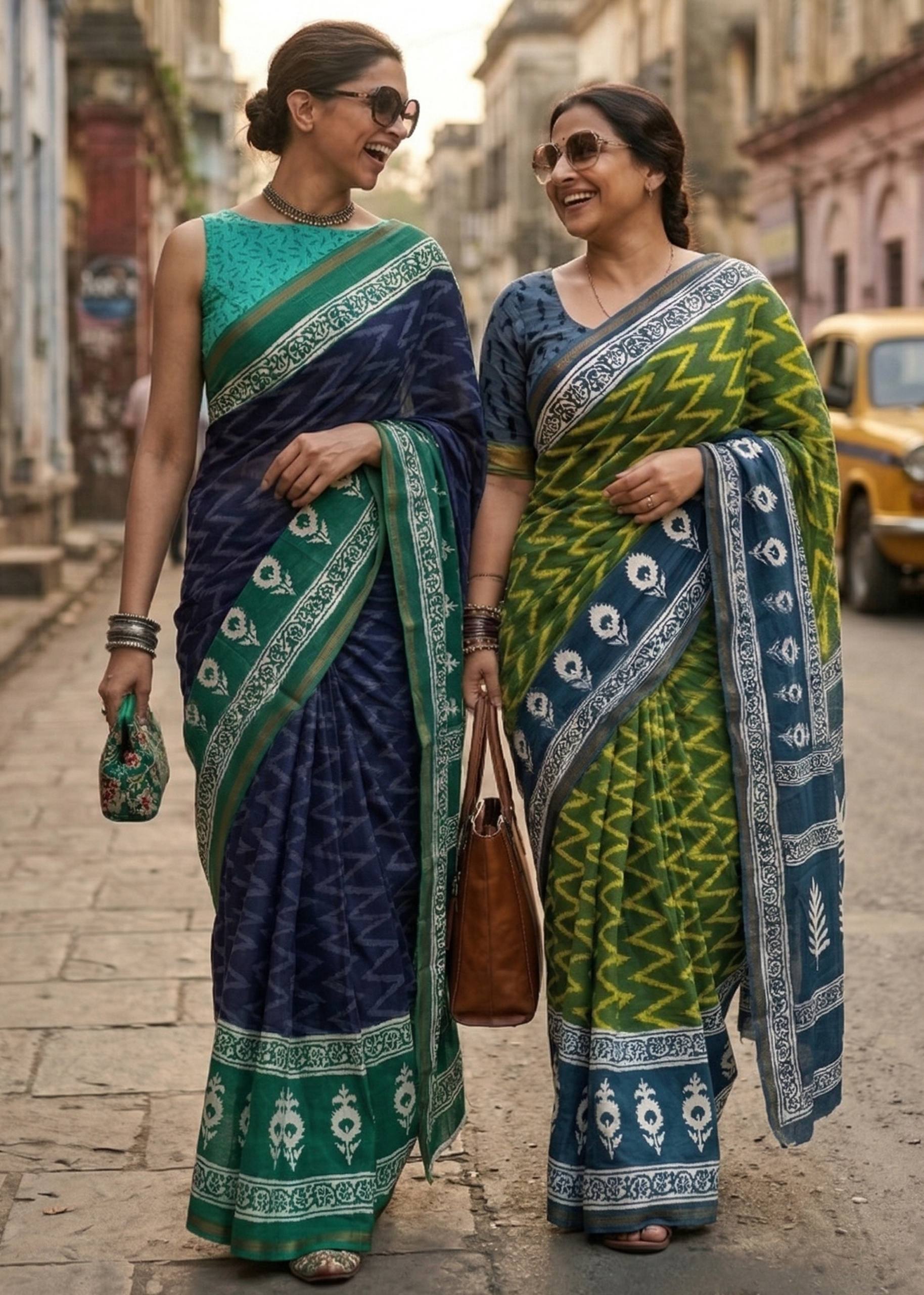 BAGRU BLOCK PRINT SOFT MASLIN COTTON WITH ZARI BORDER NEVY BLUE SAREE WITH BLOUSE