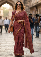 BAGRU BLOCK PRINT SOFT MASLIN COTTON WITH ZARI BORDER MAROON SAREE WITH BLOUSE
