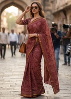BAGRU BLOCK PRINT SOFT MASLIN COTTON WITH ZARI BORDER MAROON SAREE WITH BLOUSE