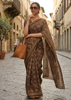 BAGRU BLOCK PRINT SOFT MASLIN COTTON WITH ZARI BORDER BROWN SAREE WITH BLOUSE