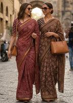 BAGRU BLOCK PRINT SOFT MASLIN COTTON WITH ZARI BORDER BROWN SAREE WITH BLOUSE