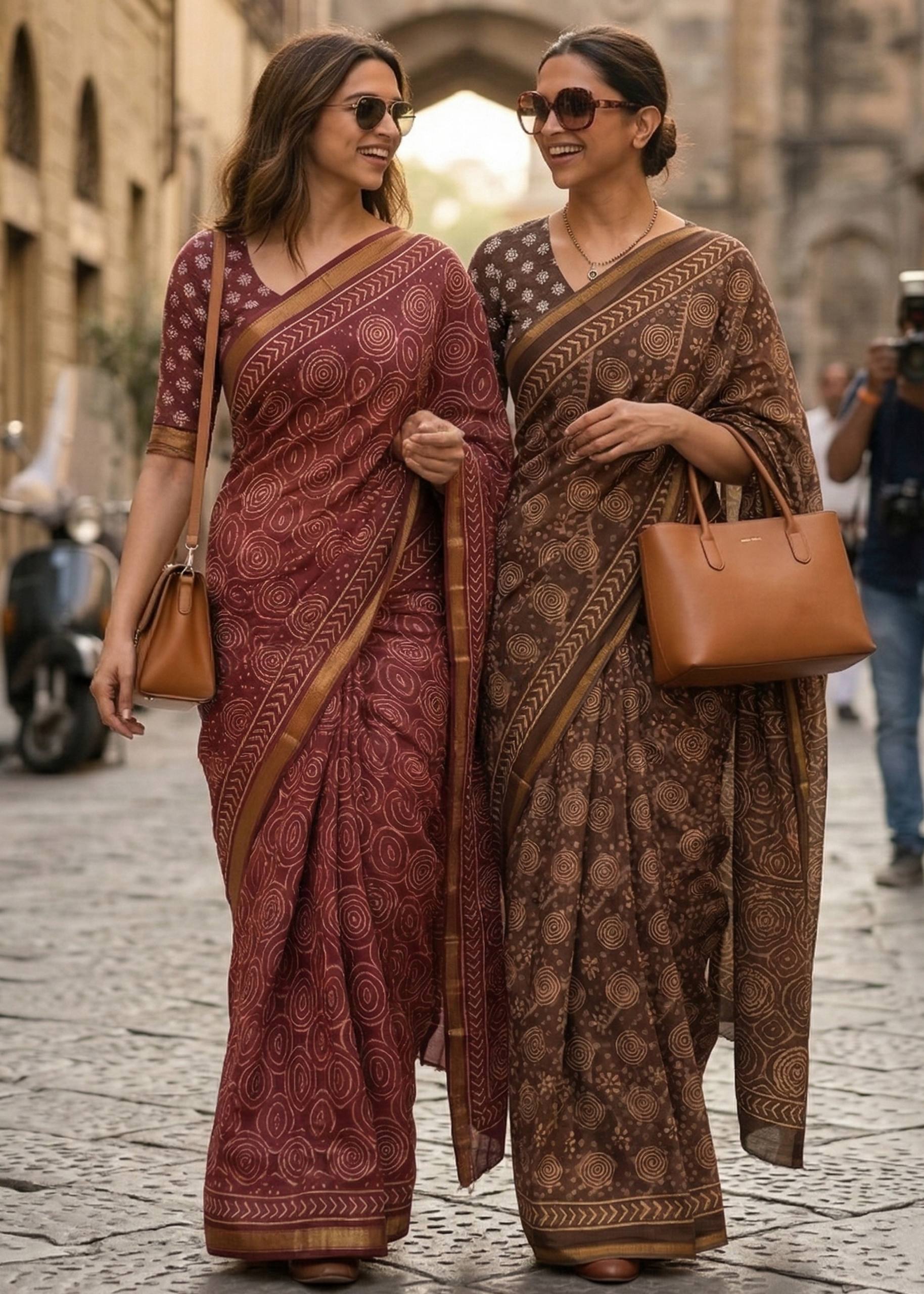 BAGRU BLOCK PRINT SOFT MASLIN COTTON WITH ZARI BORDER BROWN SAREE WITH BLOUSE