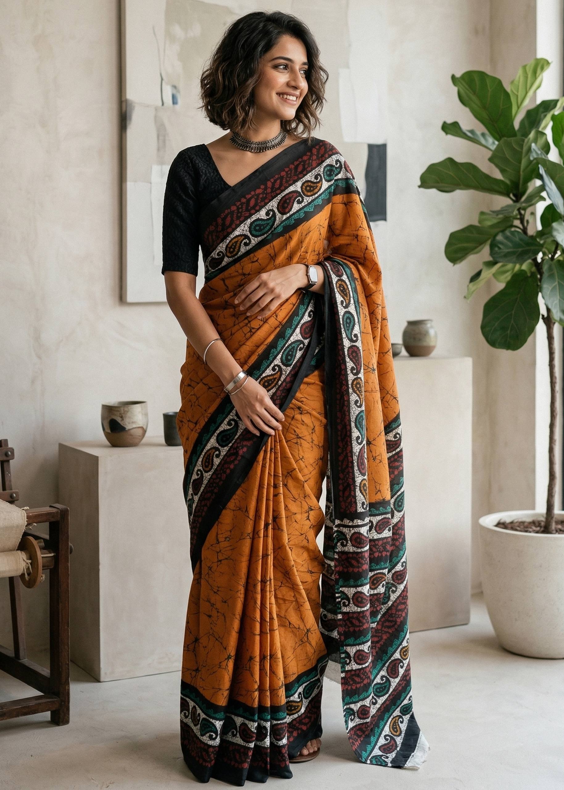 PURE MULMUL COTTON HANDCRAFTED BATIK PRINT MUSTURD SAREE WITH BLOUSE
