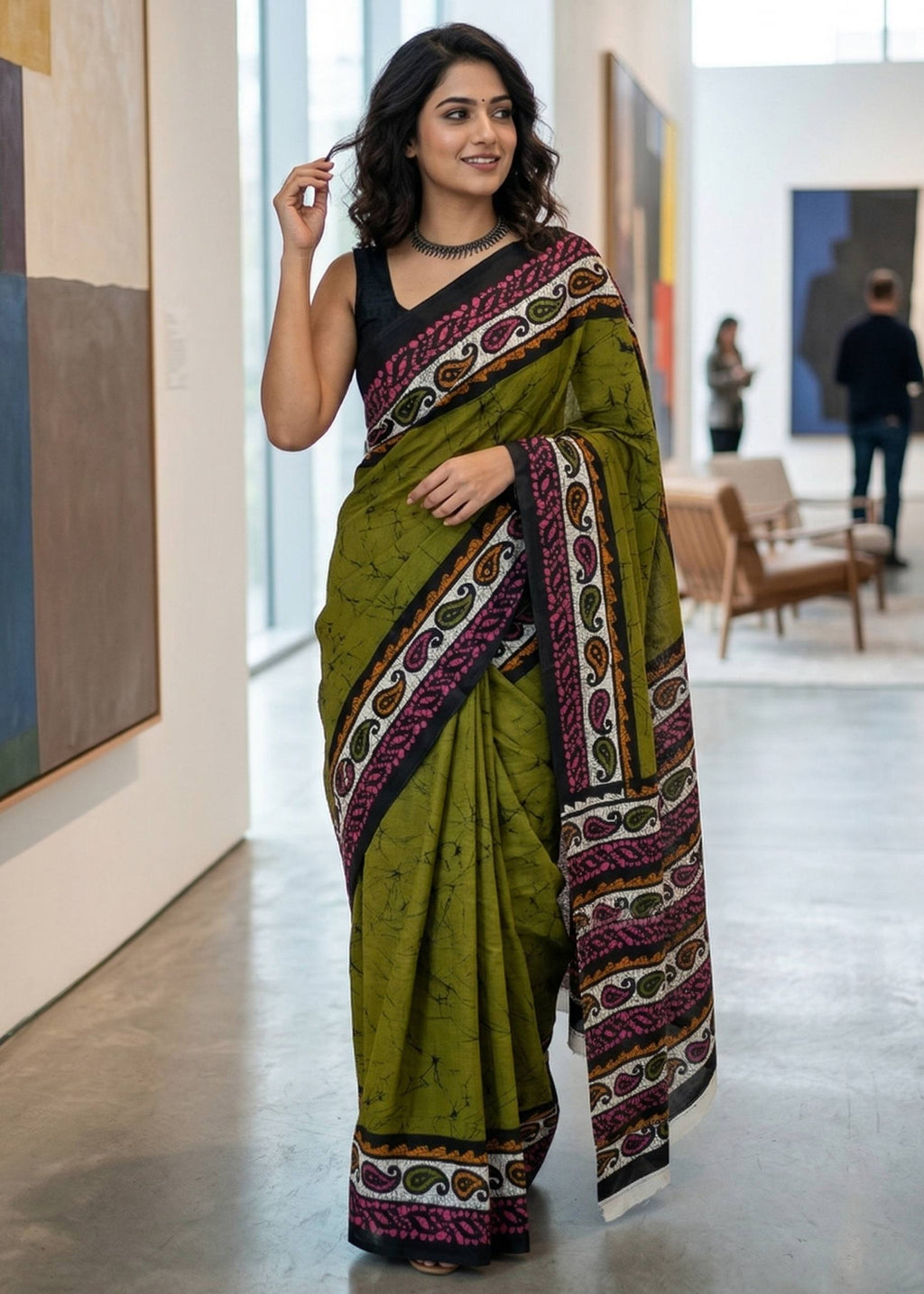 PURE MULMUL COTTON HANDCRAFTED BATIK PRINT GREEN SAREE WITH BLOUSE