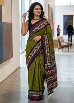 PURE MULMUL COTTON HANDCRAFTED BATIK PRINT GREEN SAREE WITH BLOUSE