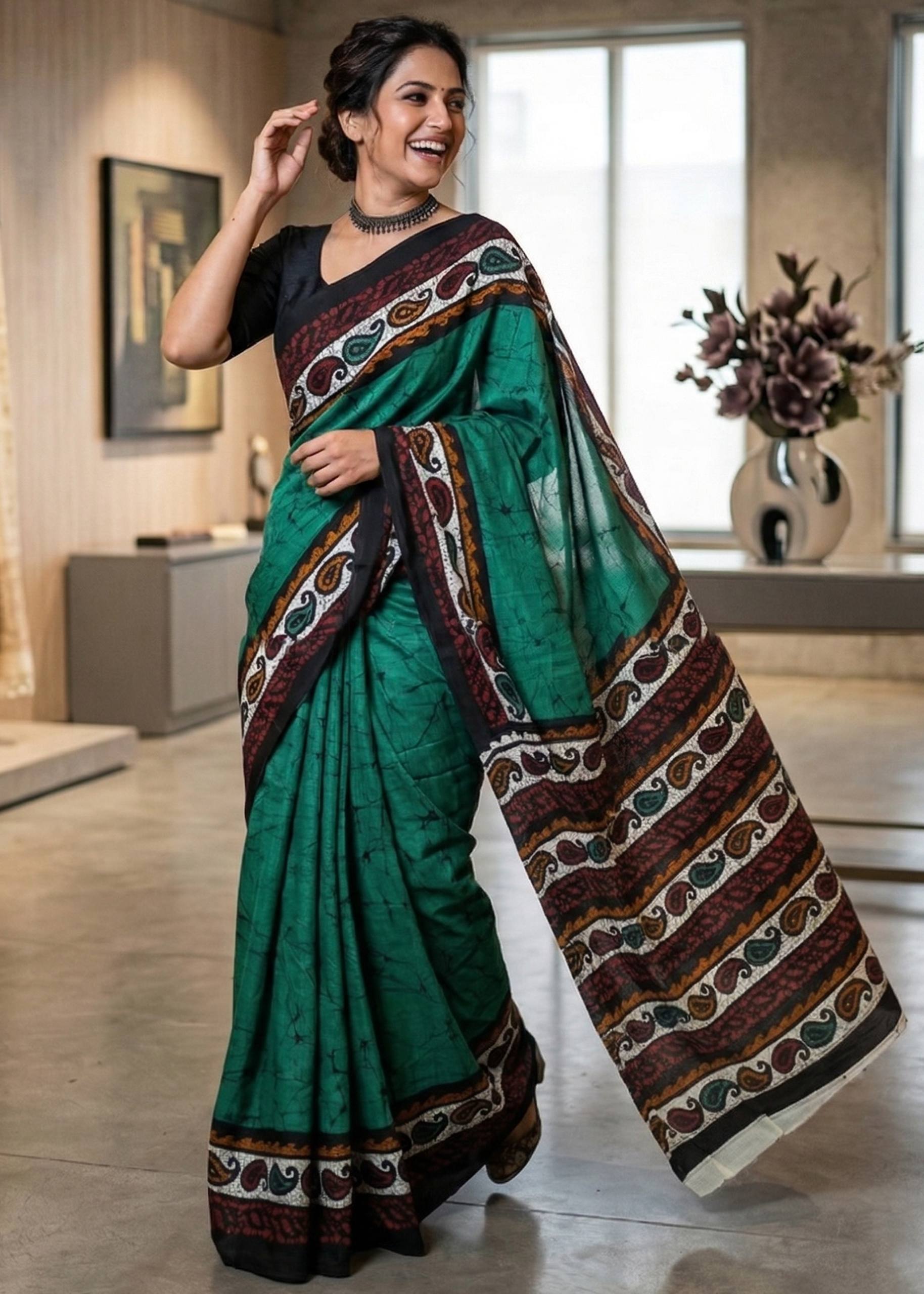 PURE MULMUL COTTON HANDCRAFTED BATIK PRINT BLUE SAREE WITH BLOUSE