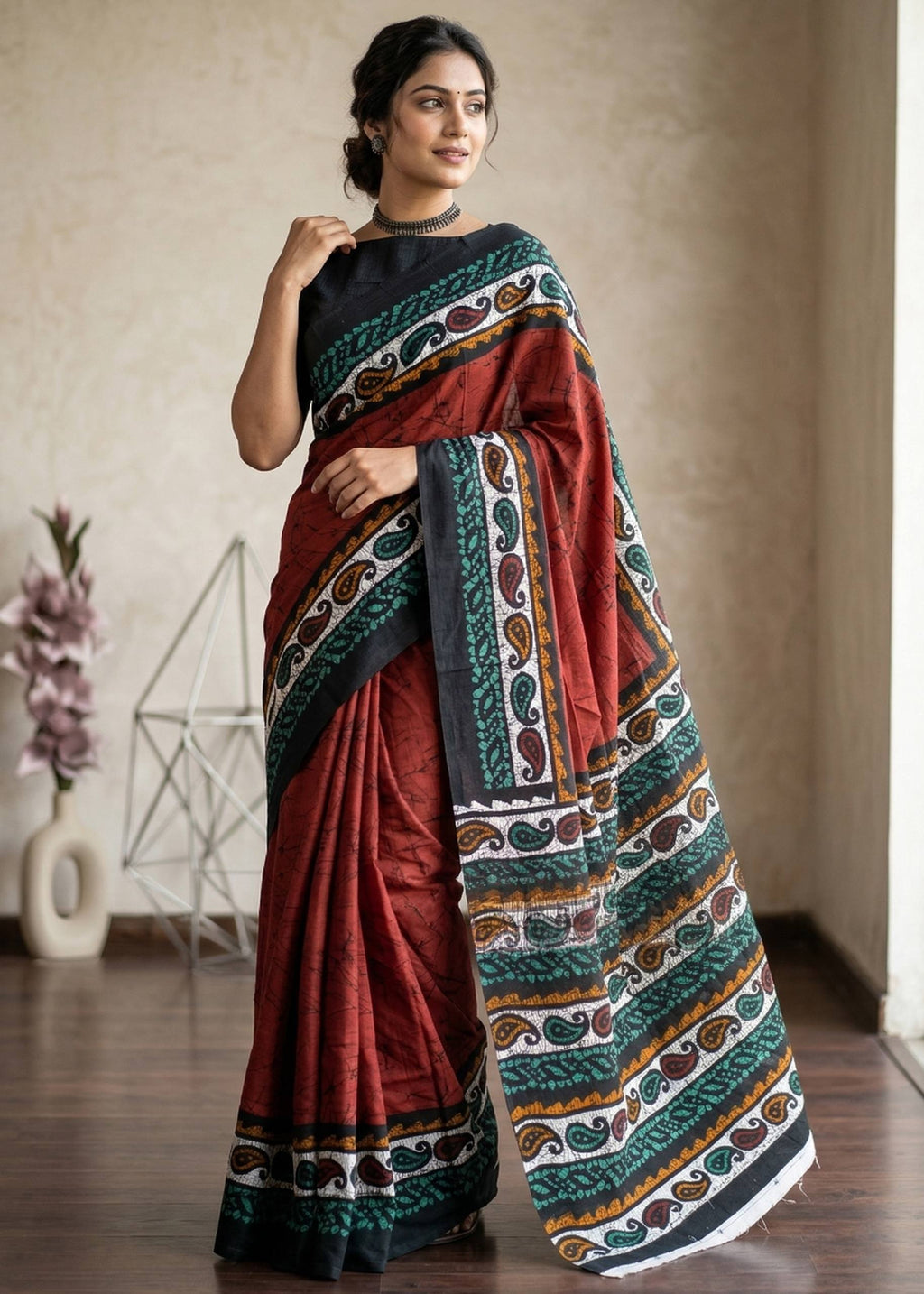 PURE MULMUL COTTON HANDCRAFTED BATIK PRINT MAROON SAREE WITH BLOUSE