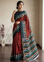 PURE MULMUL COTTON HANDCRAFTED BATIK PRINT MAROON SAREE WITH BLOUSE